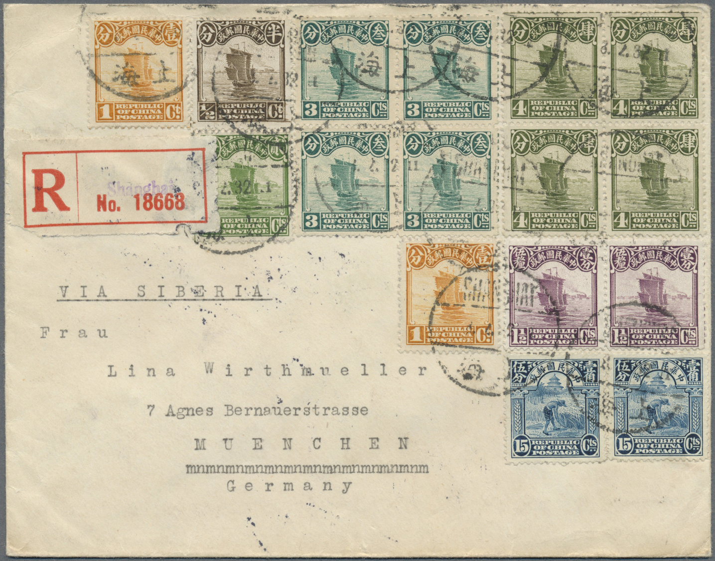 Br China: 1923, Junk 1/2 C., 1 C. (4, Pair On Reverse), 2 C., 3 C. (block-4), 4 C. (block-4) And Reaper 15 C. (pair) Tie - Other & Unclassified