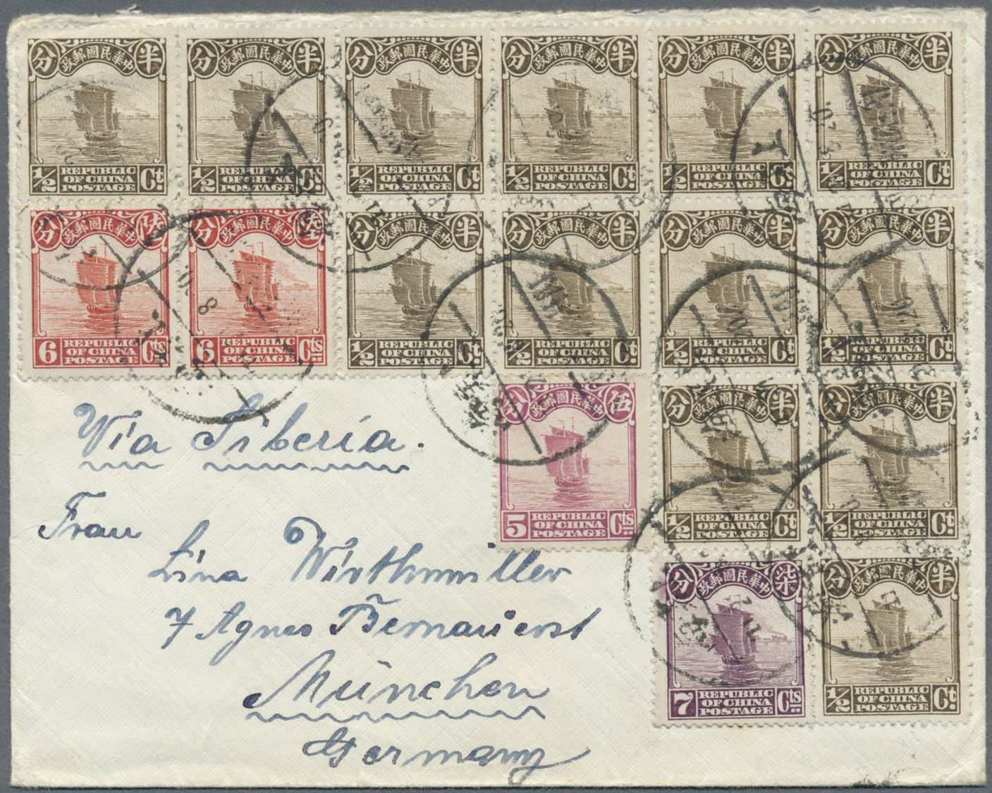 Br China: 1923, Junk 1/2 C. (block-13) W. 5 C., 6 C. (pair), 7 C. Tied "SHANGHAI 21.3.20" To Cover To Munich/Germany. - Other & Unclassified