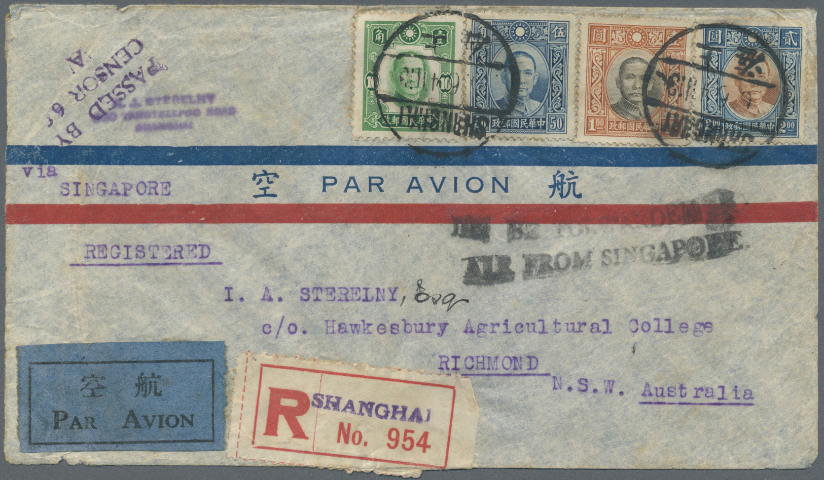 Br China: 1941. Registered Air Mail Envelope Addressed To Australia Bearing SG 495a, 50c Blue, SG 496a, $1 Brown And Gre - Other & Unclassified