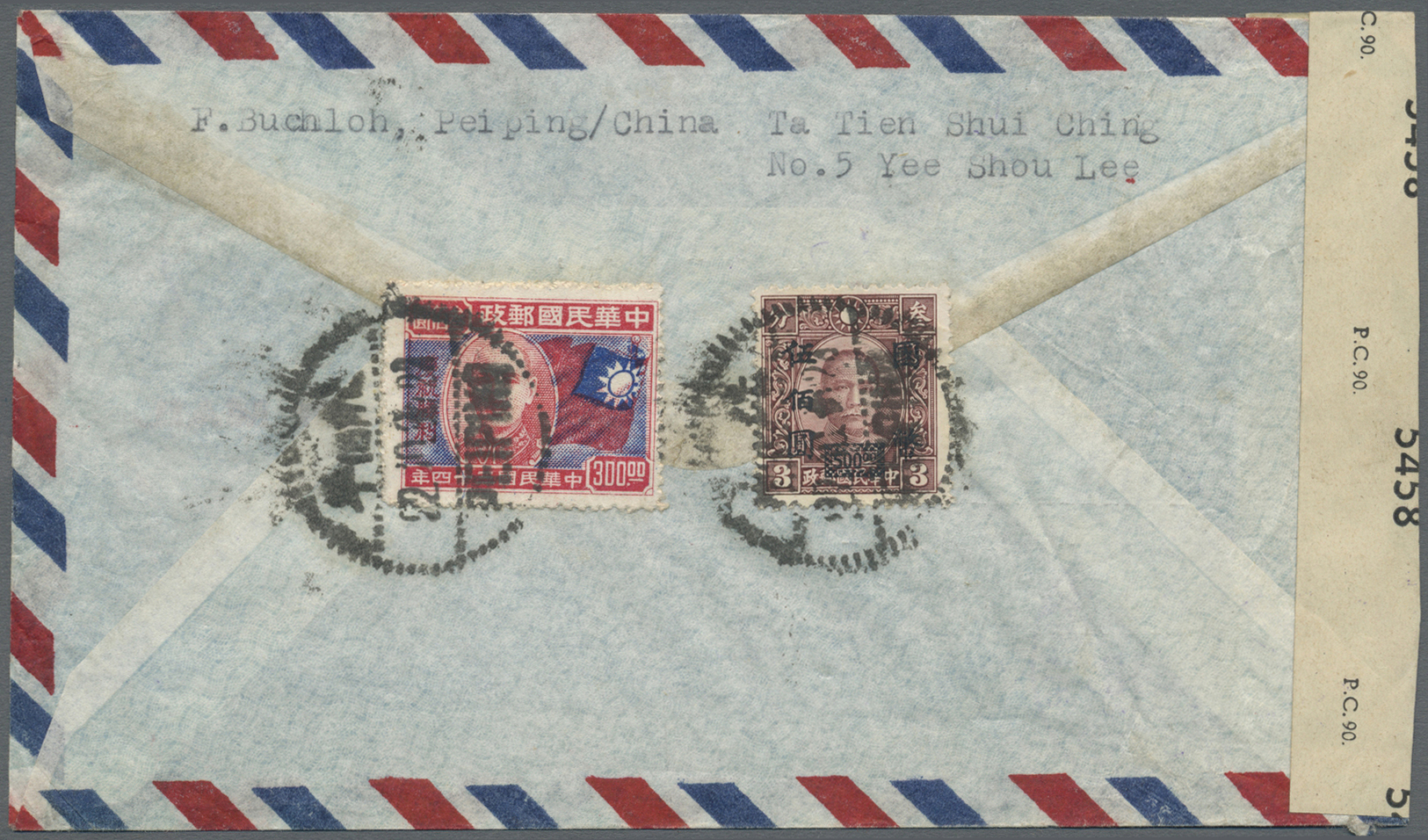 Br China: 1945, Victory $300 With 1946 $500/3 C. Tied "Peiping 22.10.35"  (October 22, 1946) To Reverse Of Air Mail Cove - Other & Unclassified