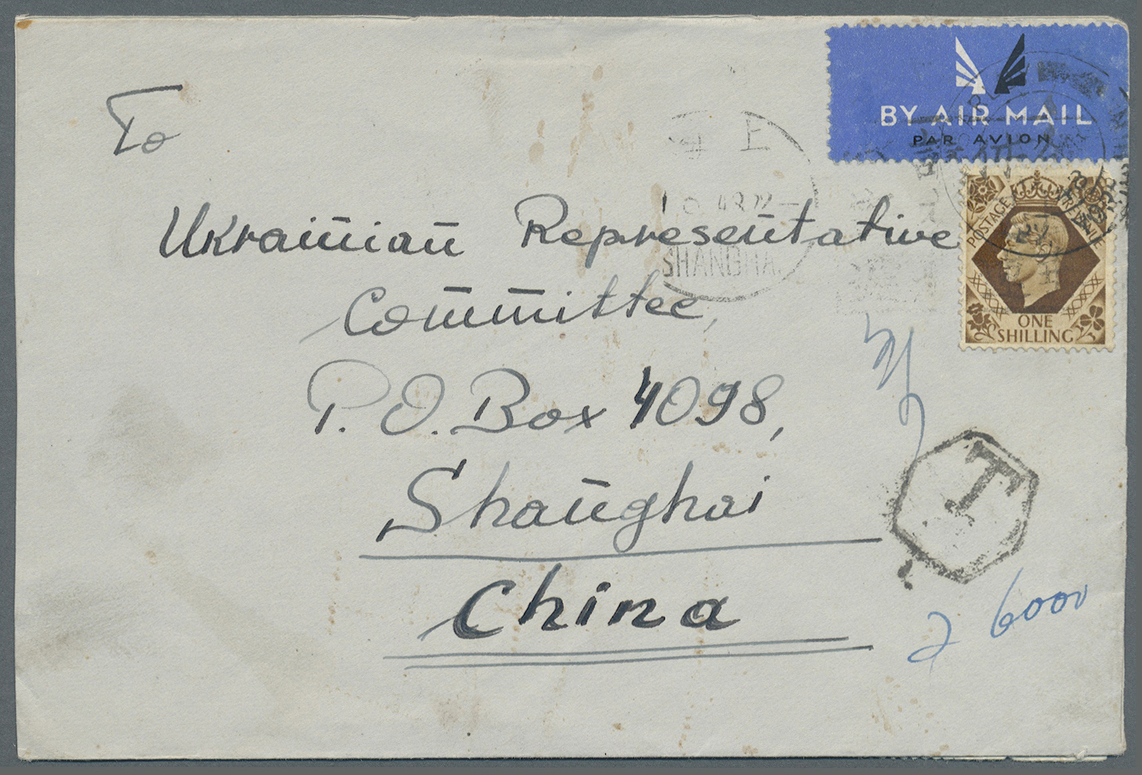 Br China: 1948. Air Mail Envelope (opened At Three Sides) Addressed To Shanghai, China Bearing Great Britain SG 475, 1s - Autres & Non Classés