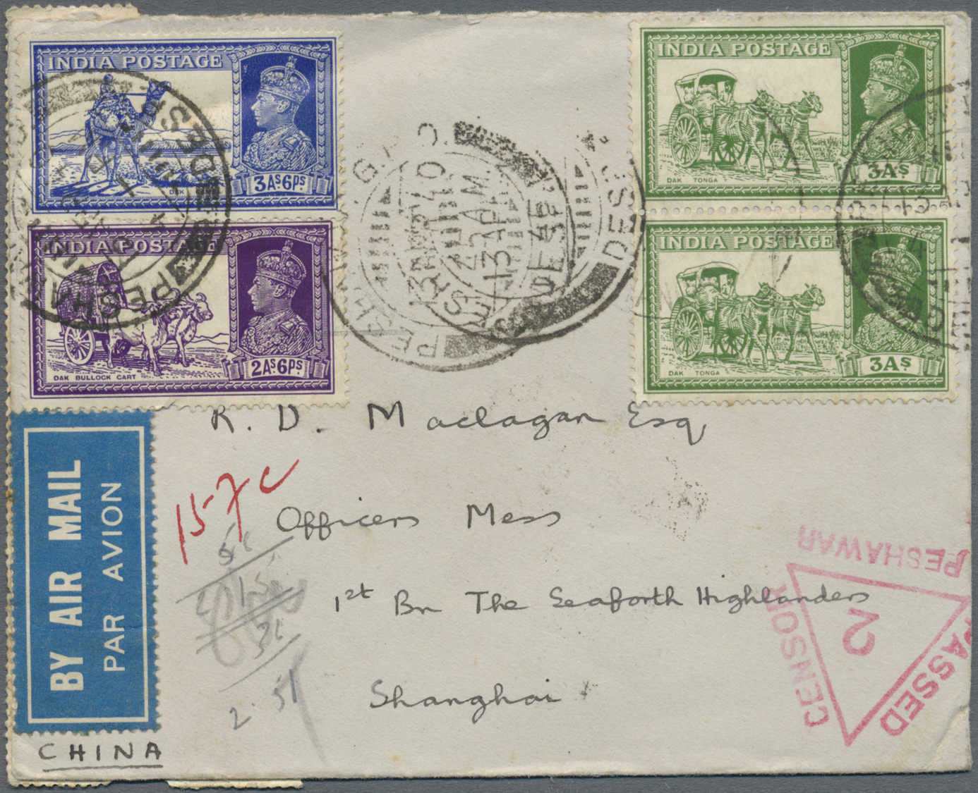 Br China - Portomarken: 1932/41, 30 C. (strip-4, One RC), 20 C., 2 C., 5 C. Tied "SHANGHAI 27.4.40" To Reverse Of Censor - Timbres-taxe