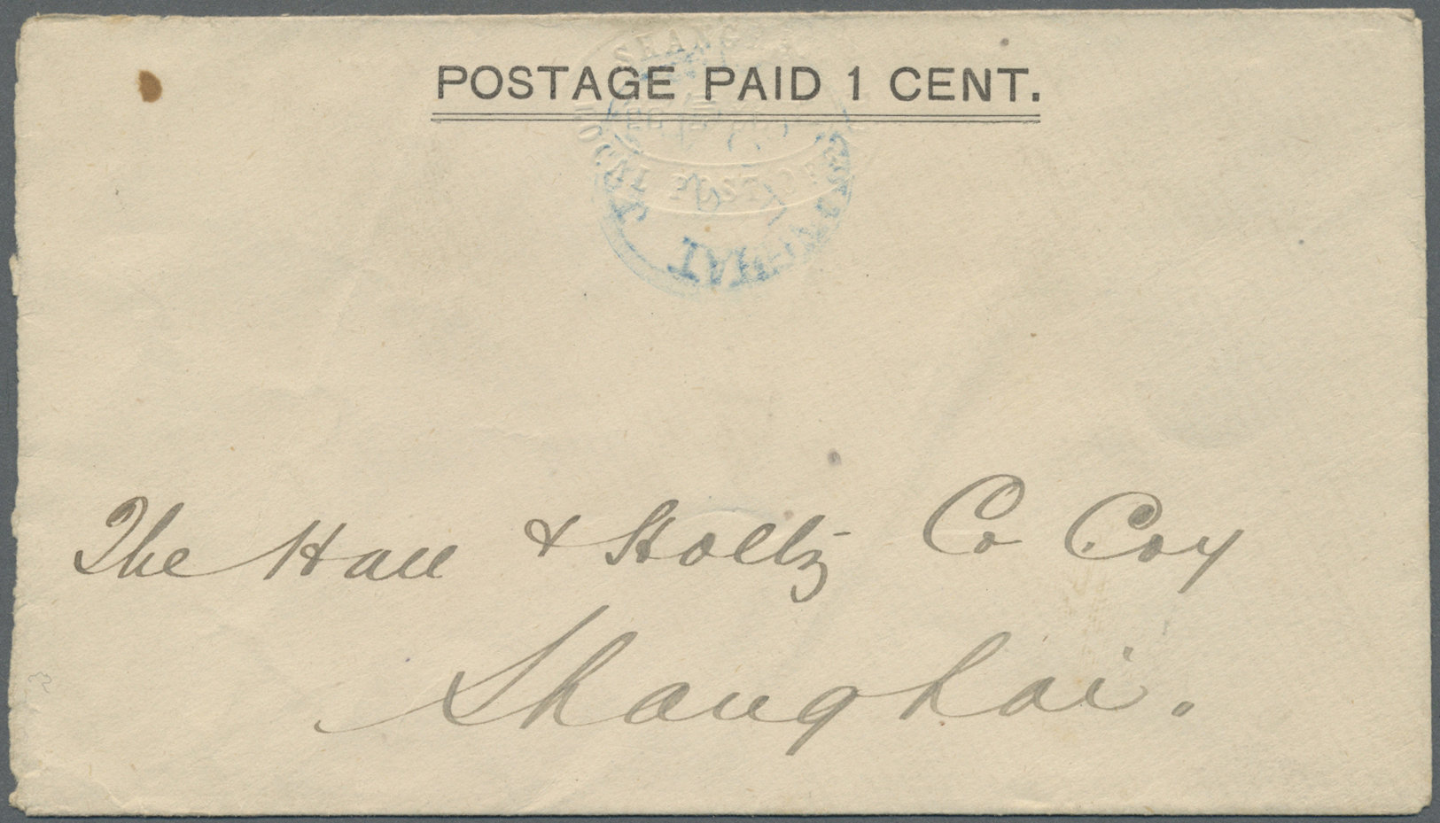 Br China - Lokalausgaben / Local Post: 1893 (Feb.) Chinese Local Posts: Shanghai, "Postage Paid 1 Cent" Stationery Envel - Other & Unclassified