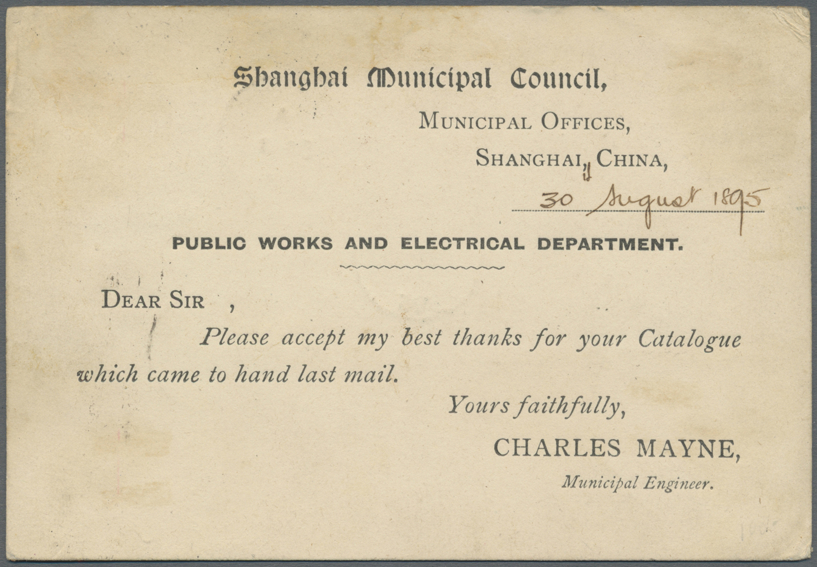 GA China - Shanghai: 1895, Stationery Card 1 C. Brown Canc. Blue "SHANGHAI I AUG 30 95" In Combination W. Hong Kong QV 2 - Other & Unclassified