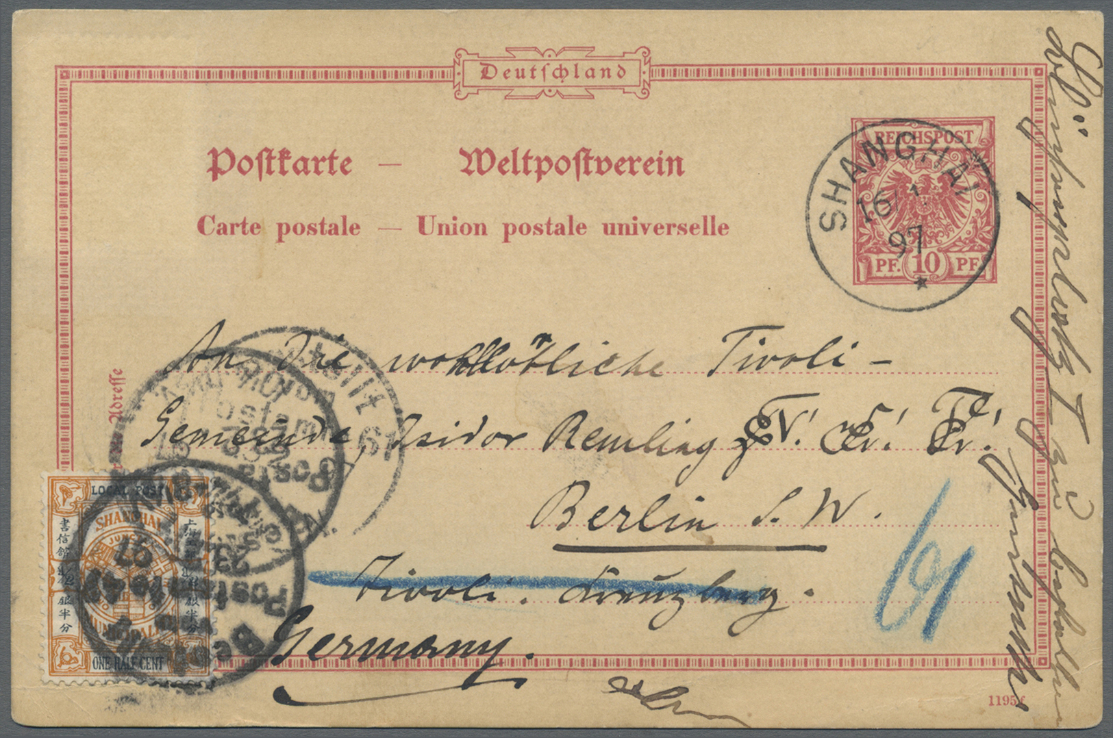 GA China - Shanghai: 1897, 1/2 C. Orange On UPU Card Germany, 10 Pf. Canc. "SHANGHAI 16 1 97" To Berlin/Germany And Fwd. - Other & Unclassified