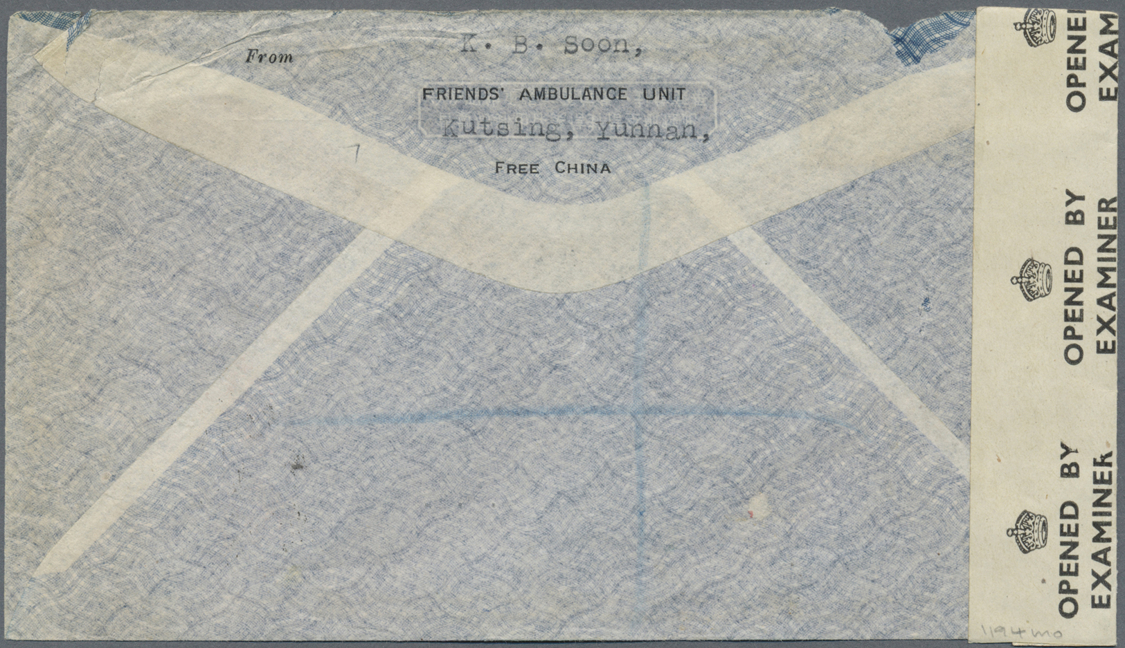 Br China - Provinzausgaben - Yunnan ( 1926/33): 1943. Registered Air Mail Envelope Addressed To London Bearing SG 469, 1 - Yunnan 1927-34