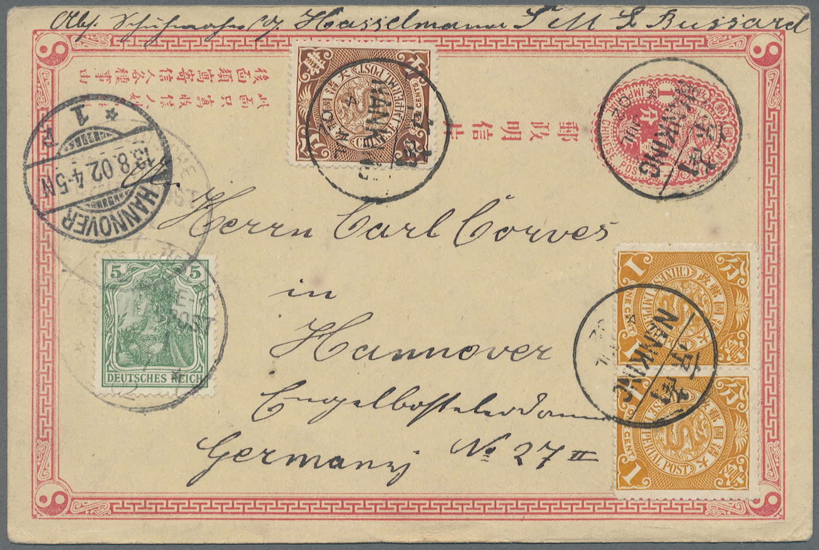 GA China - Ganzsachen: 1897, ICP 1 C. Uprated 1 C. (pair), 4 C. Tied "NANKING 4 JUL 02" Used As Form W. Germany 5 Pf. Gr - Cartes Postales