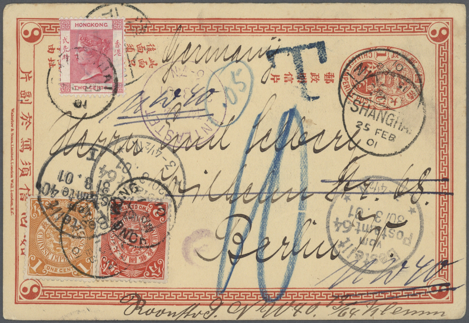 GA China - Ganzsachen: 1898, ICP Reply Card 1 C. Reply Part Uprated Coiling Dragon 1 C., 2 C. Tied "TIENTSIN 15 FEB 01" - Cartes Postales