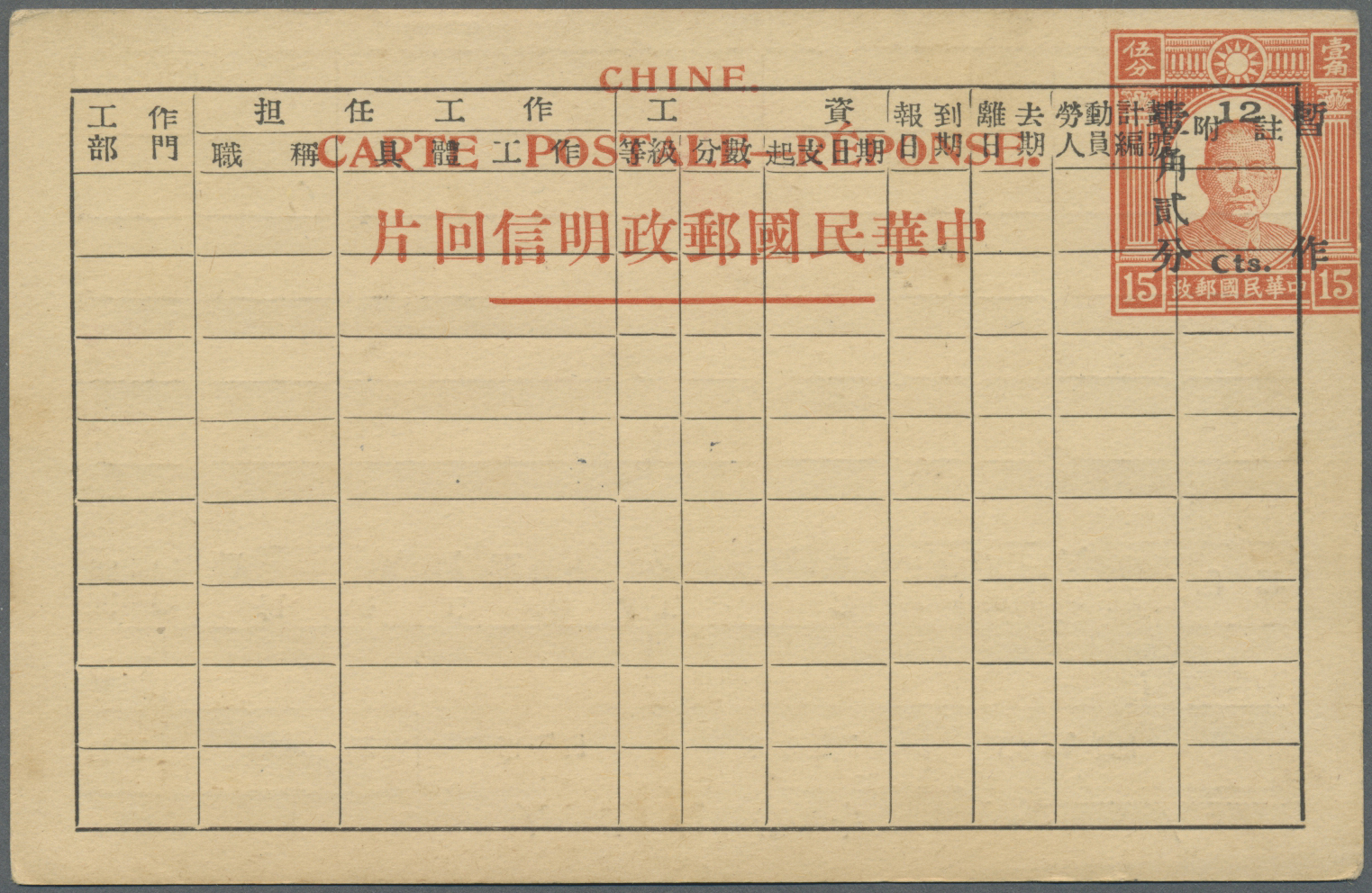 GA China - Ganzsachen: 1940 (ca.). Postal Stationery 'Reponse' 'Sun Yat-Sen' 12c On 15c Orange For Provincial Usage. - Cartes Postales