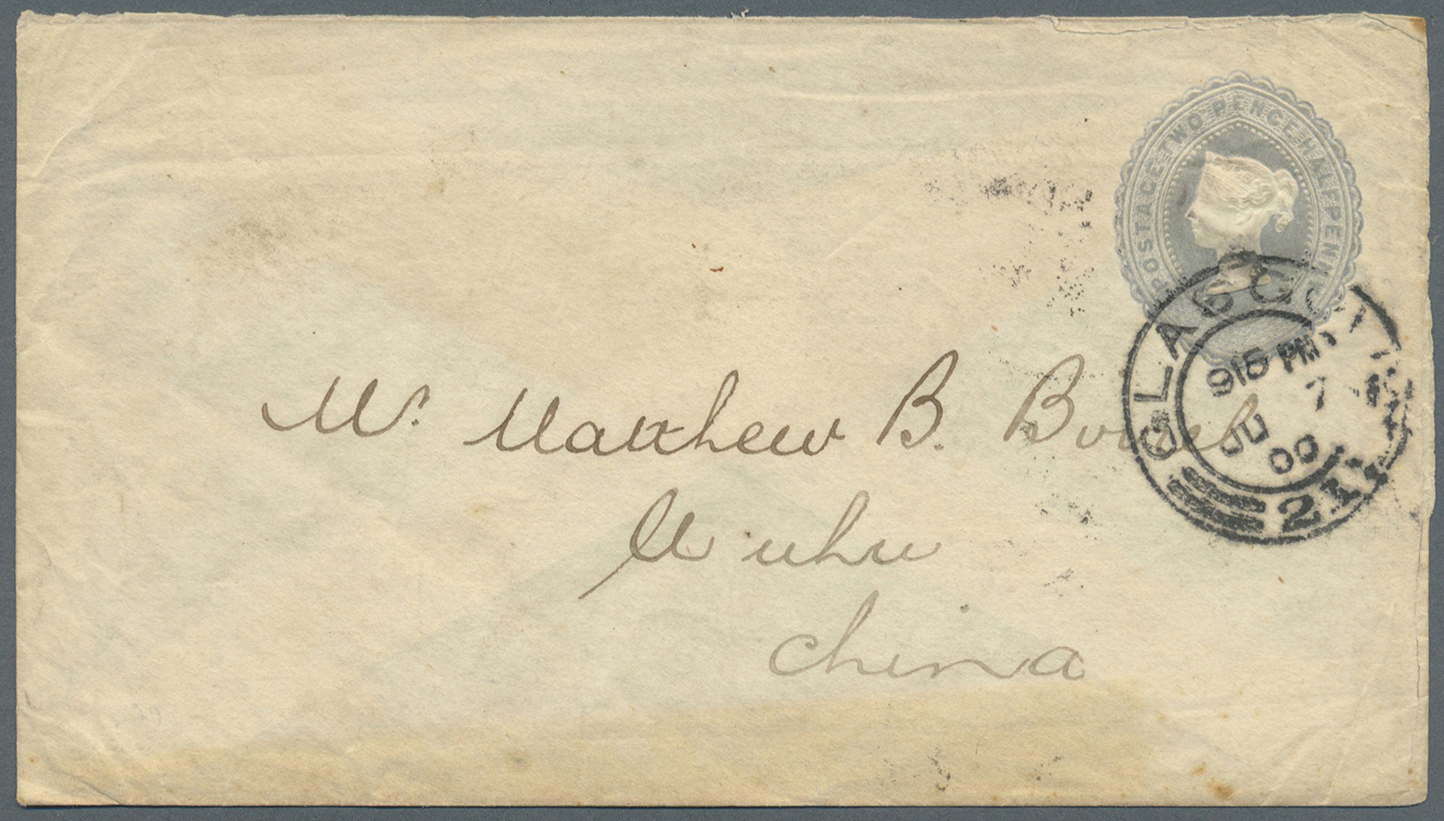 GA China - Incoming Mail: Great Britain, 1900. Great Britain Postal Stationery Envelope (toned) 2½ D Grey/blue Cancelled - Autres & Non Classés