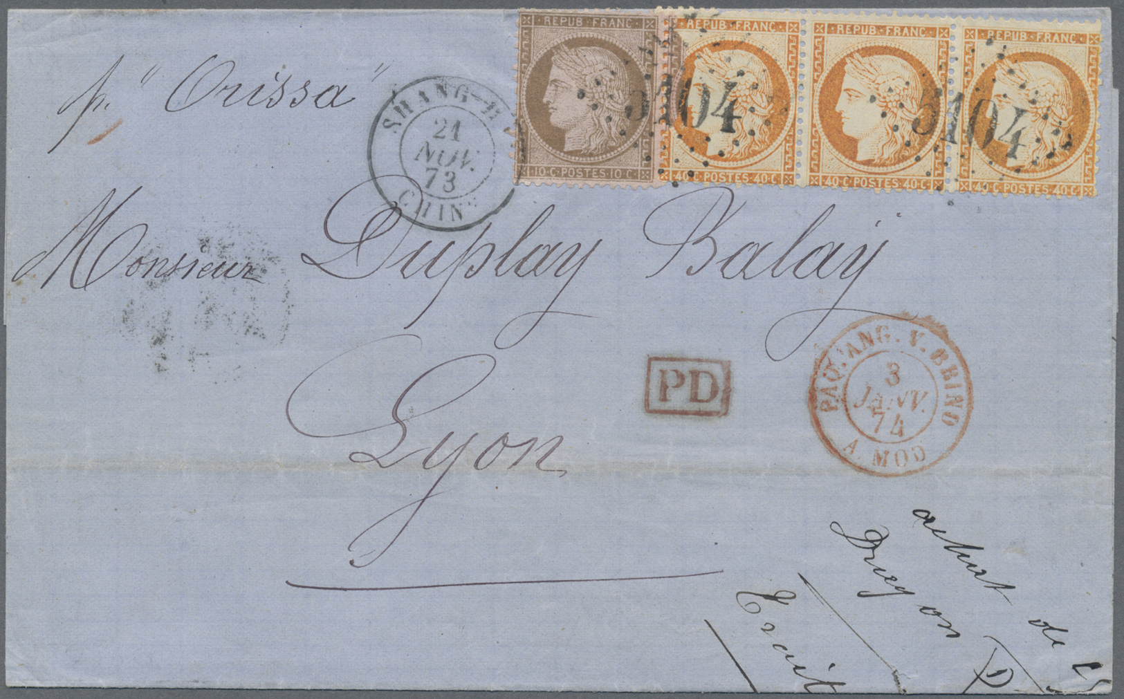 Br China - Fremde Postanstalten / Foreign Offices: French Offices, 1873. Envelope Addressed To France Bearing 'Siege' Yv - Other & Unclassified