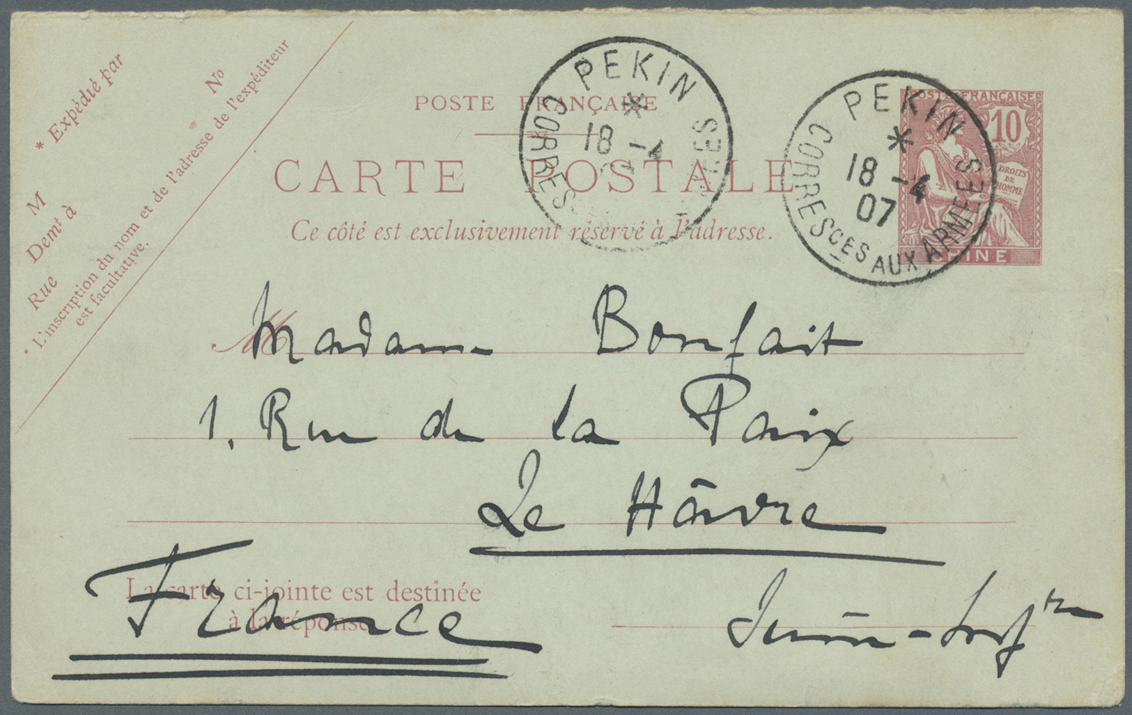 GA China - Fremde Postanstalten / Foreign Offices: 1907. French China Postal Stationery Card 10c Red Cancelled By Pekin/ - Autres & Non Classés