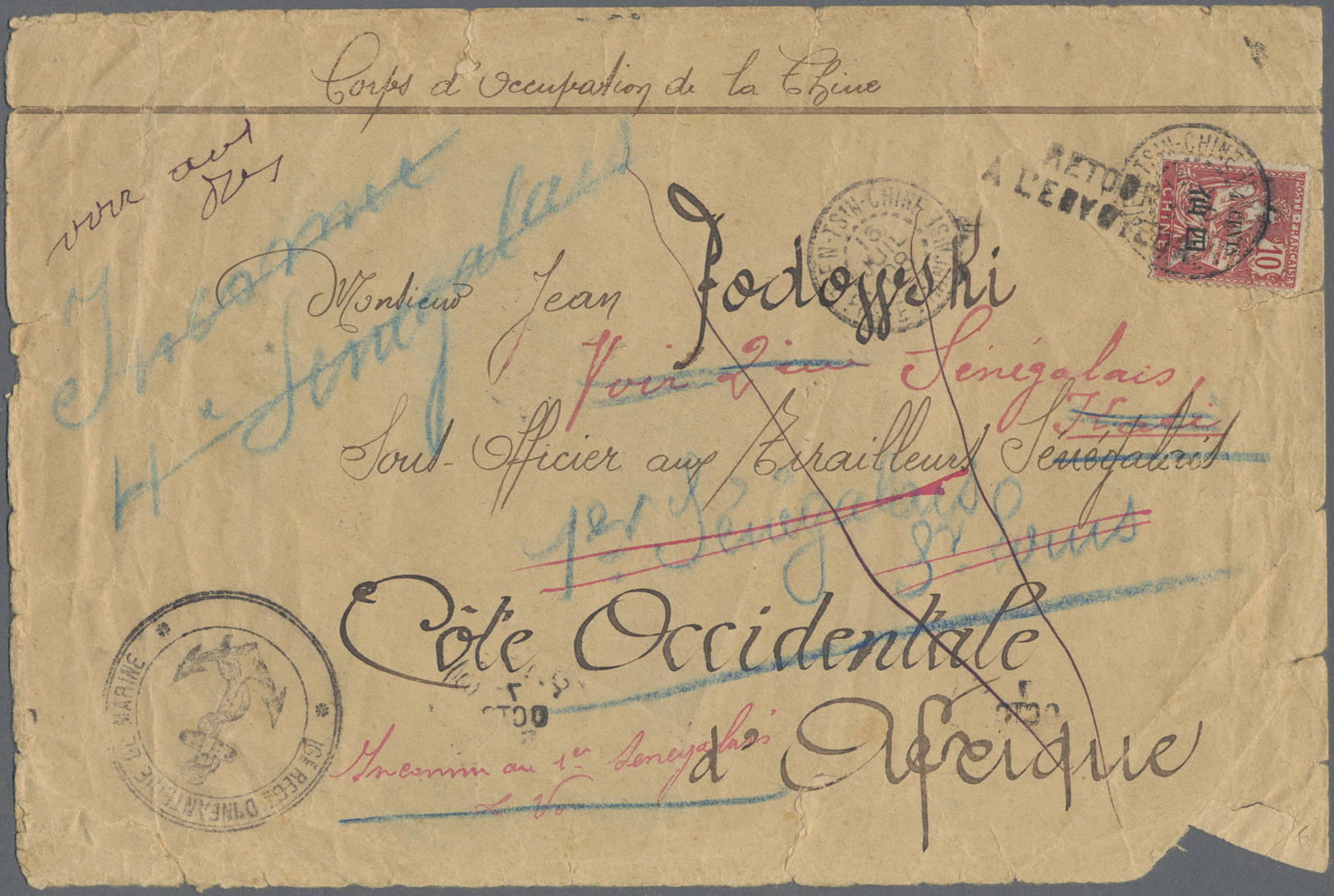 Br China - Fremde Postanstalten / Foreign Offices: French Offices, 1908. Military Mail Envelope (creased, Roughly Opened - Autres & Non Classés