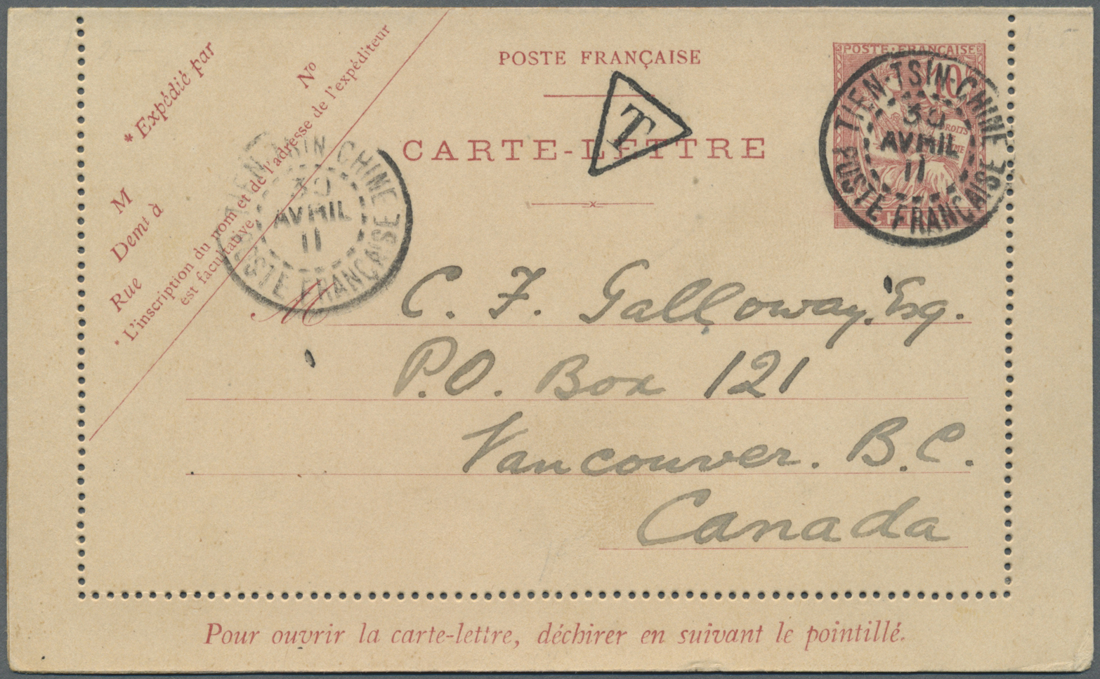 GA China - Fremde Postanstalten / Foreign Offices: French Offices, 1911. French China Postal Stationery Letter Card 10c - Autres & Non Classés