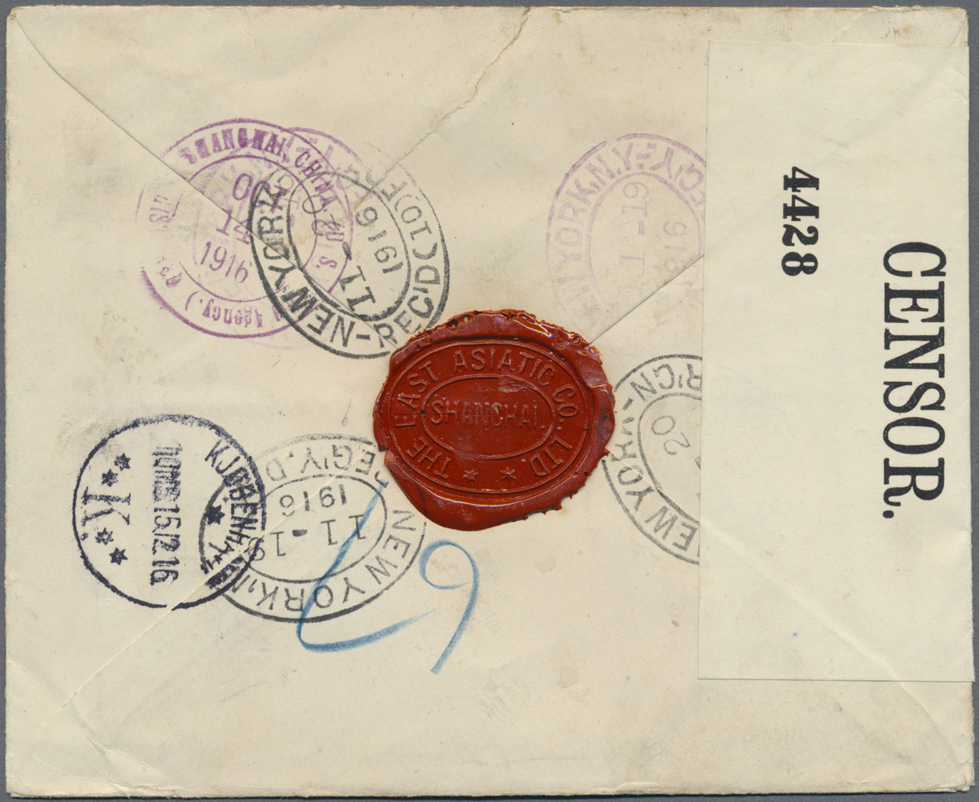 Br China - Fremde Postanstalten / Foreign Offices: United States, 1916. Registered Envelope (tear) Addressed To Denmark - Autres & Non Classés