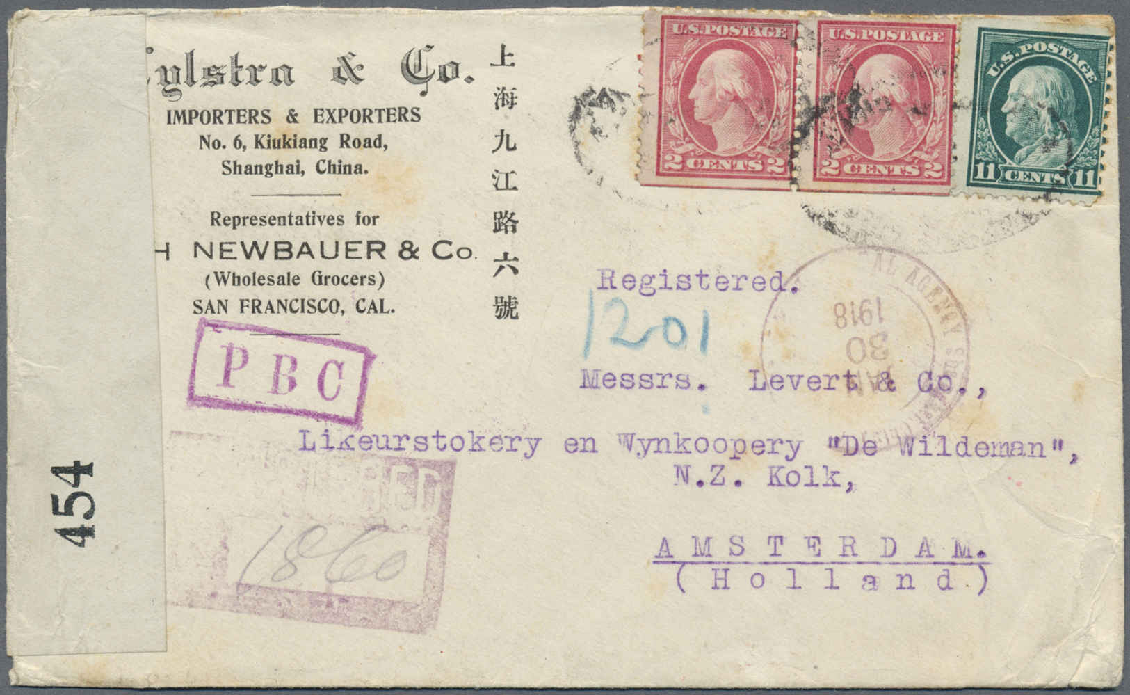 Br China - Fremde Postanstalten / Foreign Offices: United States, 1918. Registered Envelope Addressed To Holland Bearing - Other & Unclassified