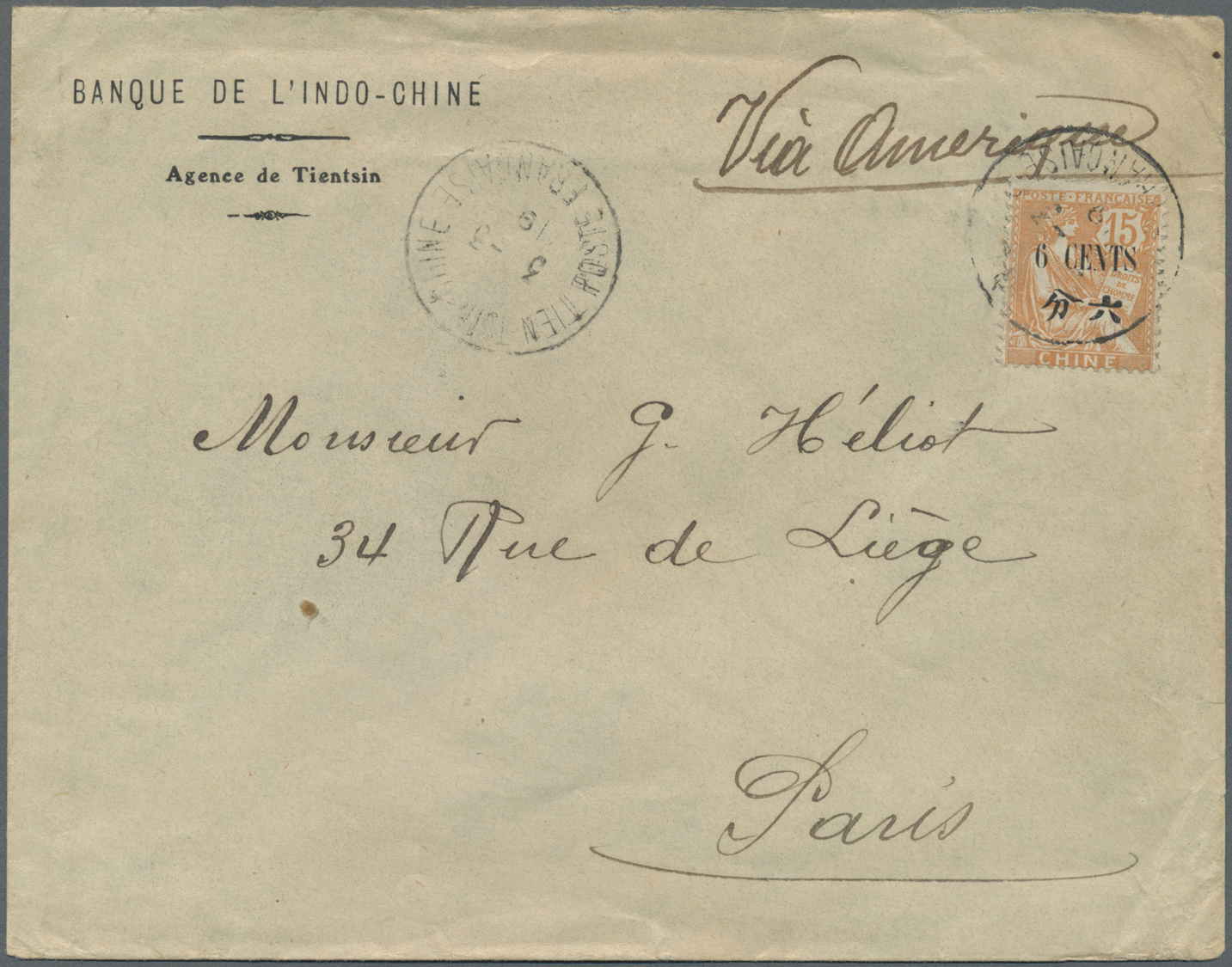 Br China - Fremde Postanstalten / Foreign Offices: French Offices, 1919. Envelope (creased) Addressed To France Bearing - Other & Unclassified
