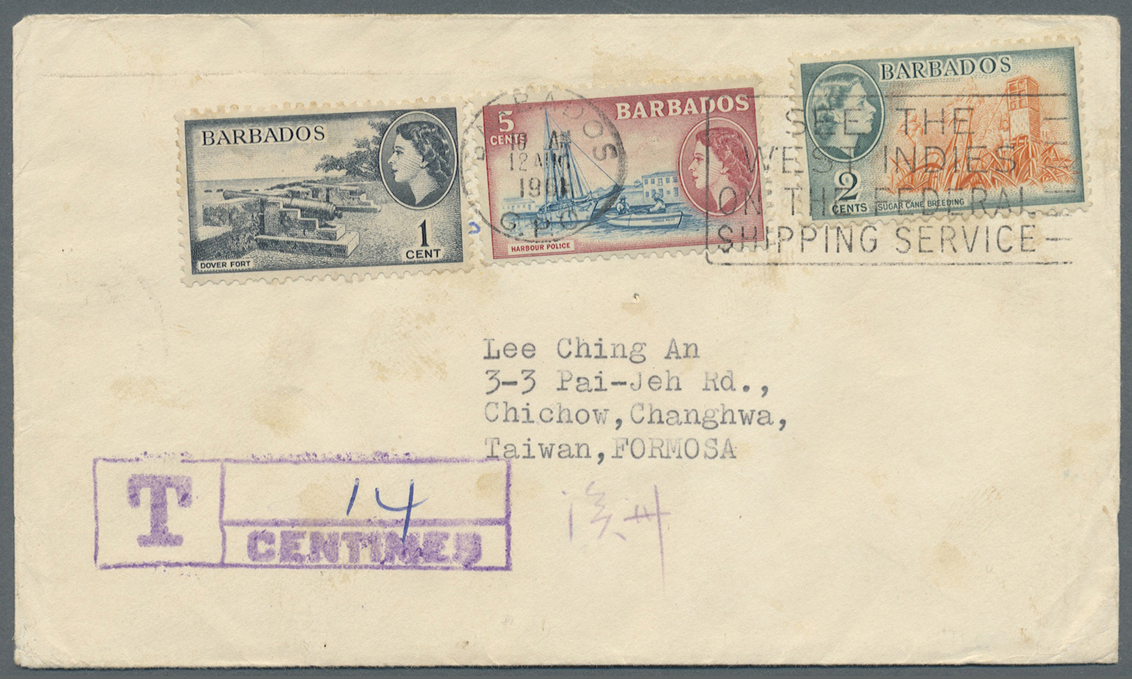 Br China - Taiwan - Portomarken: 1961. Envelope To Taiwan Bearing Barbados QEII, 1c Black, 2c Grey/orange And 5C Red Blu - Autres & Non Classés