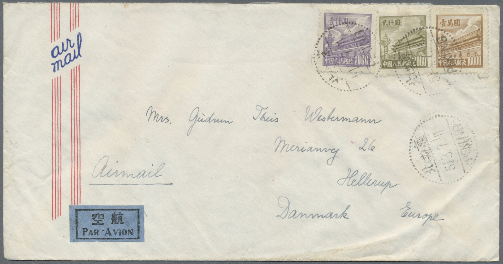 Br China - Volksrepublik: 1950, Tien An Men Air Mail Covers Peking To Denmark (2); Also 1948 Plum Blossoms Used Peiping - Autres & Non Classés