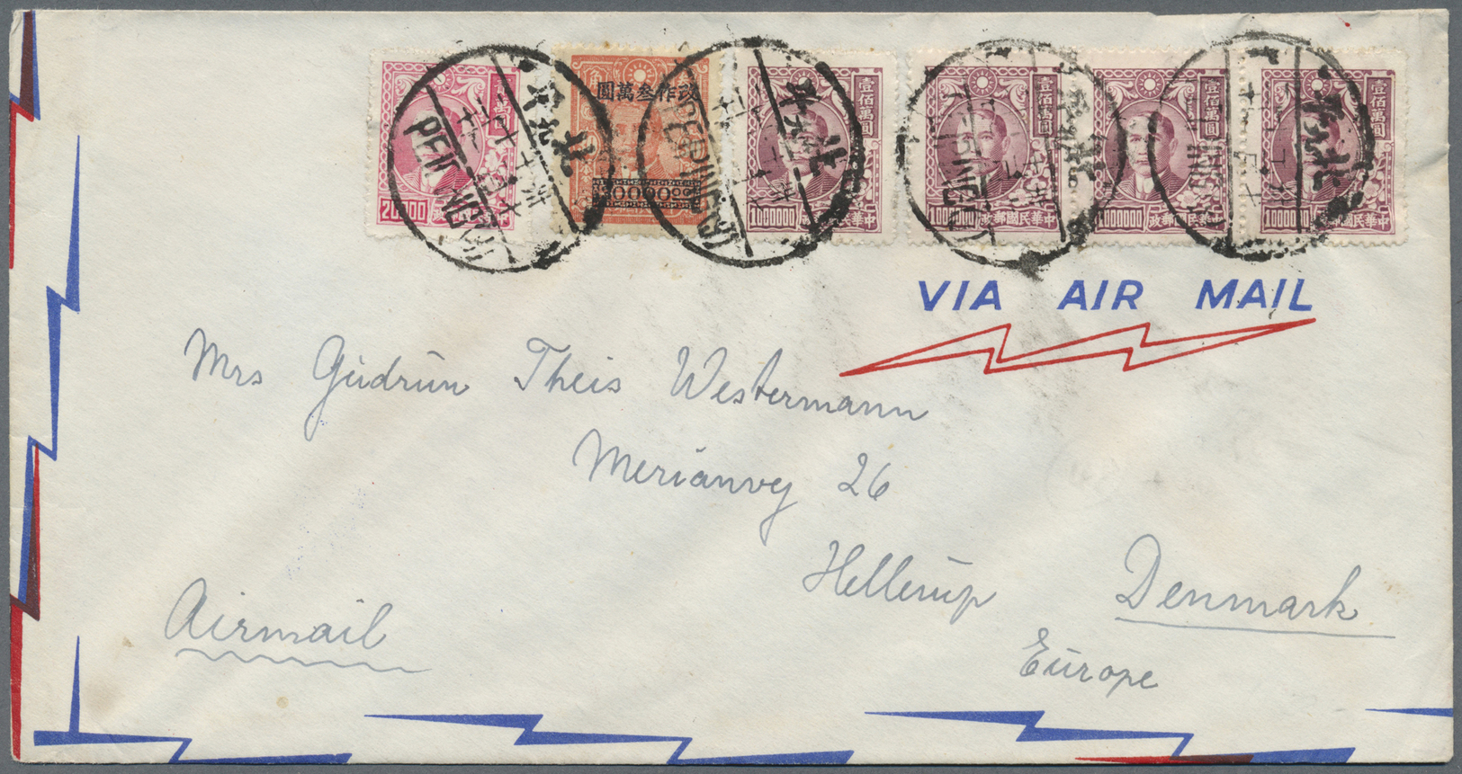 Br China - Volksrepublik: 1950, Tien An Men Air Mail Covers Peking To Denmark (2); Also 1948 Plum Blossoms Used Peiping - Autres & Non Classés