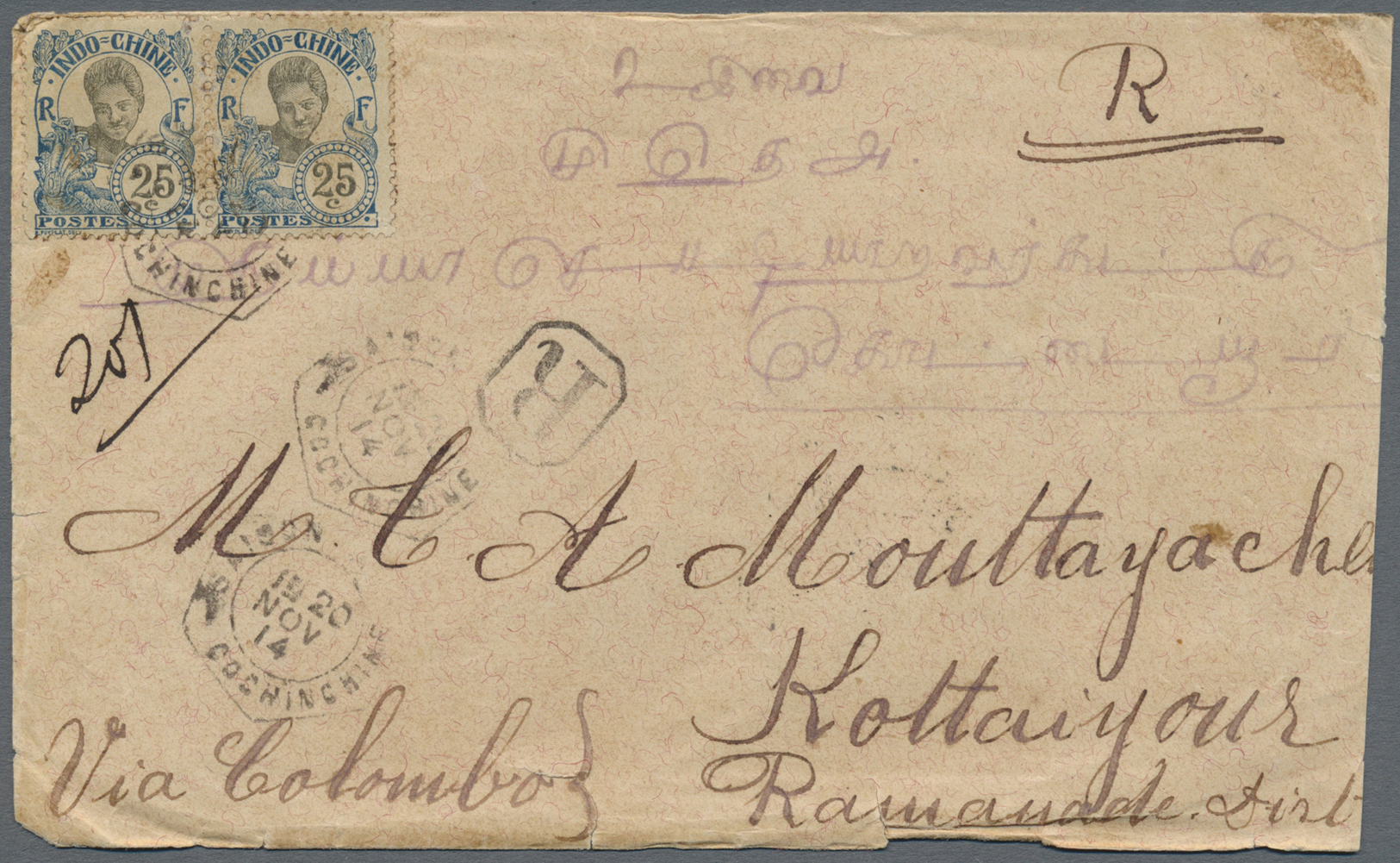 Br Cochinchina: 1914, 2x 25 C Blue/black With Octagonal Canc. "SAIGON .. 20 NOV 14" On Registered Envelope (minimal Shor - Other & Unclassified