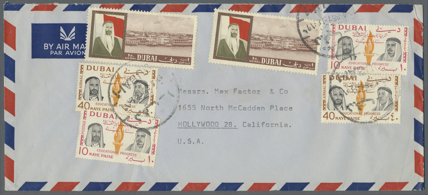 Br Dubai: 1964 'Port Of Dubai' 1r. Two Singles Along With Further Adhesives On Airmail Envelope To The U.S.A. In 1965, A - Dubai