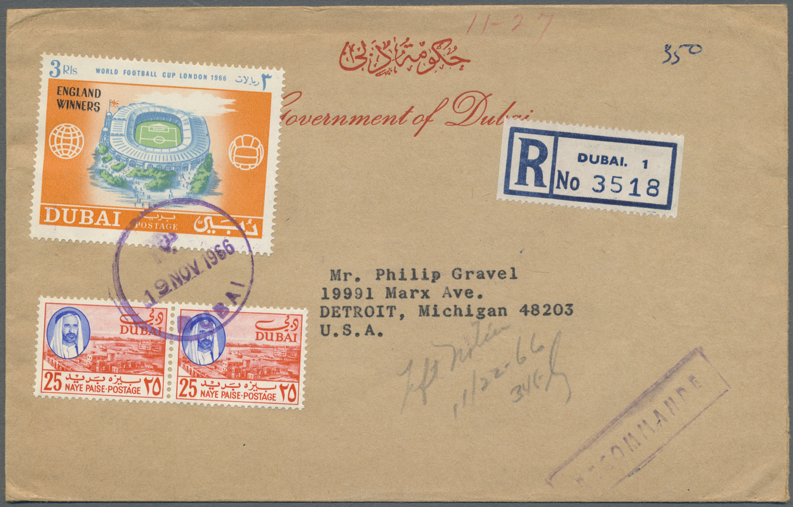 Br Dubai: 1966 Scarce Reg. Label "R/DUBAI. 1/No 3518" On Registered Cover To The U.S.A., Franked With 1966 Football Top - Dubai