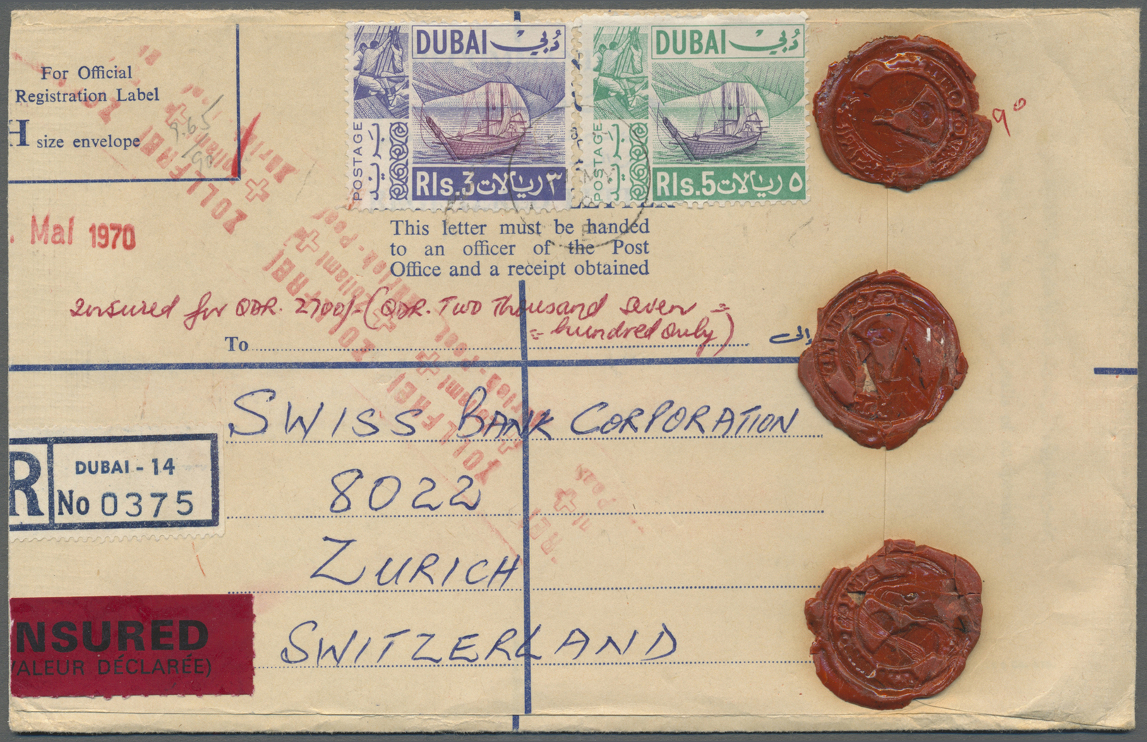 Br Dubai: 1967 Definitives High Values 5r., 3r. And 1.25r. Along With 20d. Pair On Registered And Insured Envelope To Sw - Dubai