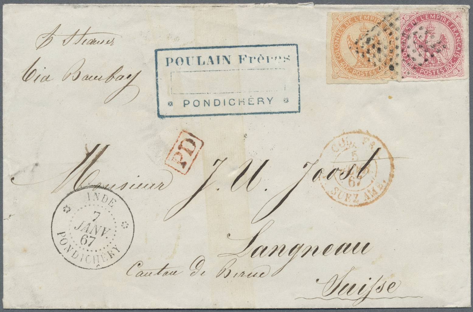 Br Französisch-Indien: 1867. Envelope Addressed To Switzerland Bearing French General Colony Yvert 5, 40c Orange And Yve - Covers & Documents