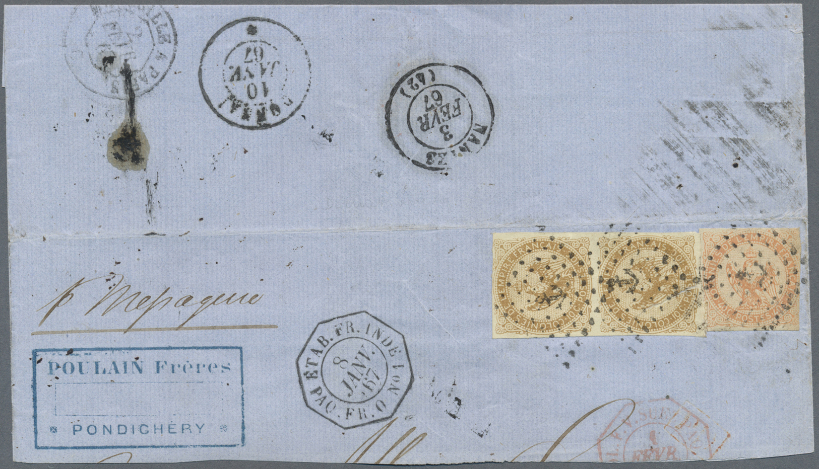 Br/ Französisch-Indien: 1867. Large Piece Addressed To France Bearing French General Colonies Yvert 3, 10c Bistre (pair) - Covers & Documents