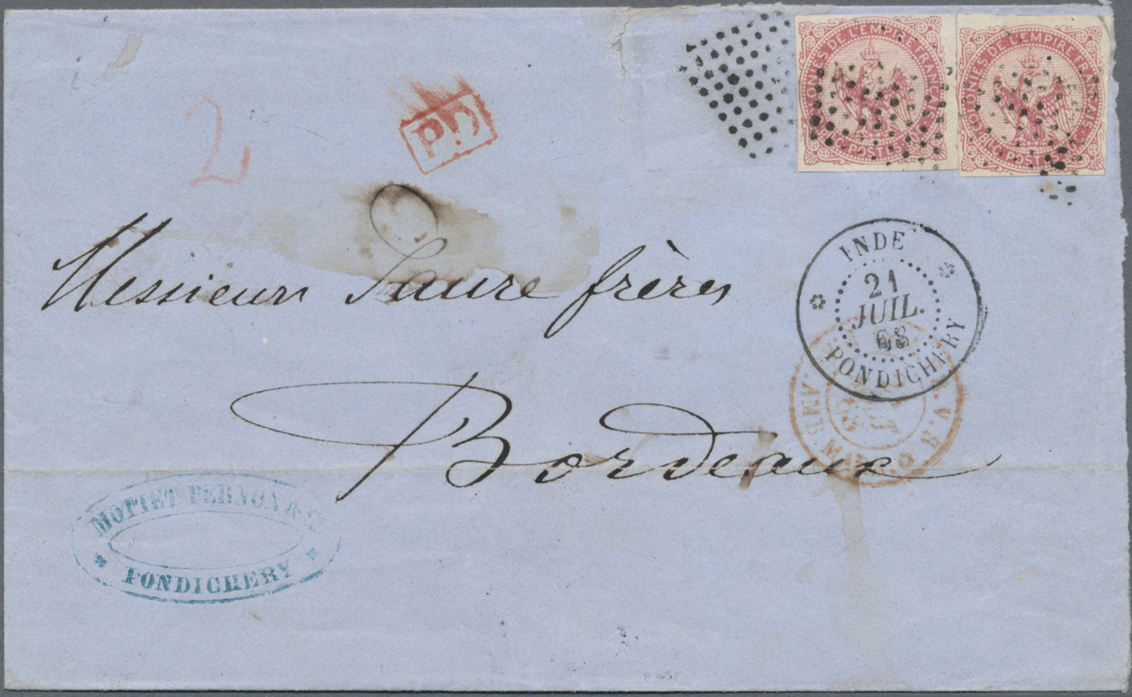 Br Französisch-Indien: 1868. Envelope Addressed To France Bearing French General Colonies 'Eagle' Yvert 6, 80c Rose (2) - Covers & Documents