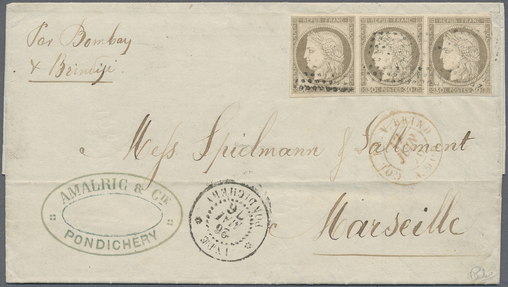 Br Französisch-Indien: 1876. Envelope Addressed To France Bearing French General Colonies Yvert 20, 30c Brown (strip Of - Covers & Documents