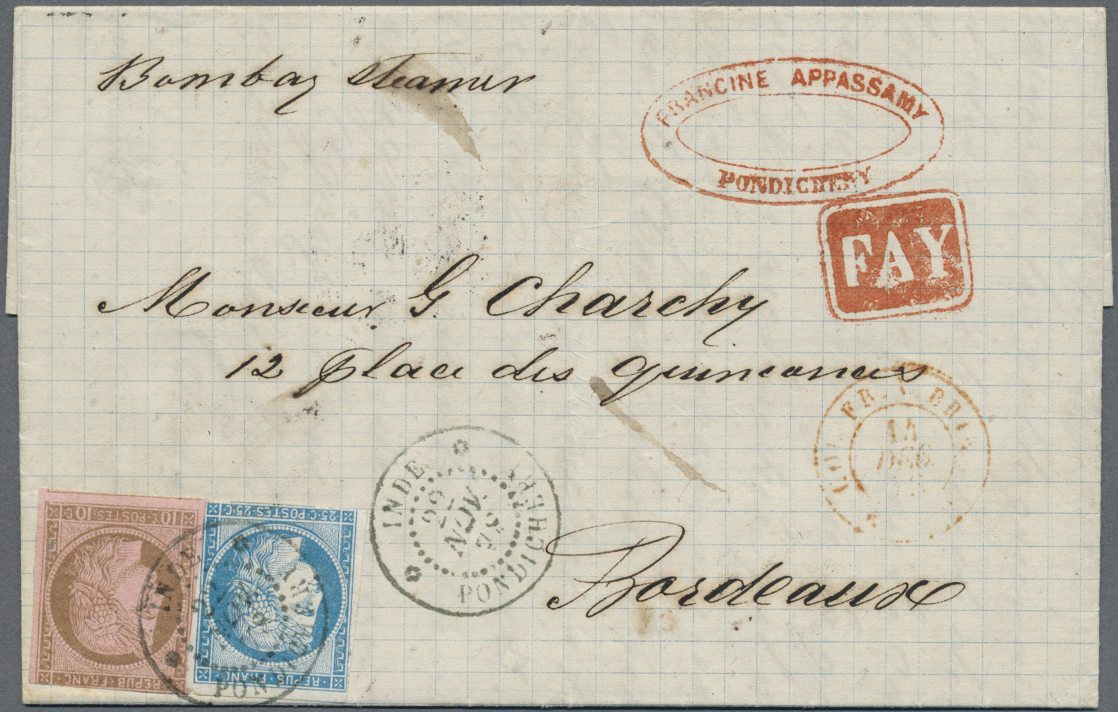 Br Französisch-Indien: 1878. Envelope Addressed To France Bearing French General Colonies Yvert 18, 10c Brown/rose And Y - Covers & Documents