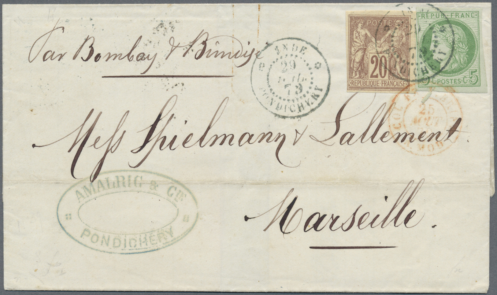 Br Französisch-Indien: 1879. Envelope Addressed To France Bearing French General Colonies 'Ceres' Yvert 17, 5c Green/azu - Covers & Documents