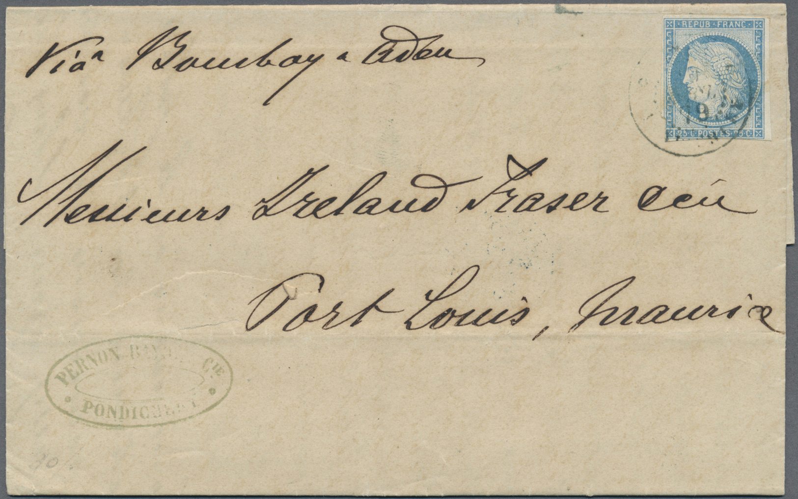 Br Französisch-Indien: 1879. Envelope Addressed To Port Louis, Mauritius Bearing French General Colonies 'Ceres' Yvert 2 - Covers & Documents