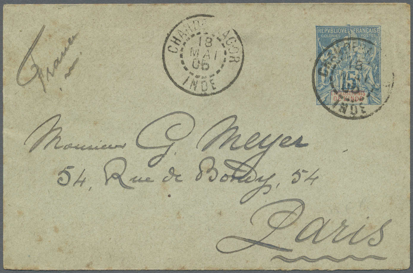 Br Französisch-Indien: 1906. Postal Stationery Envelope 15c Blue Cancelled By Chandernagor Lnde Double Ring Addressed To - Covers & Documents