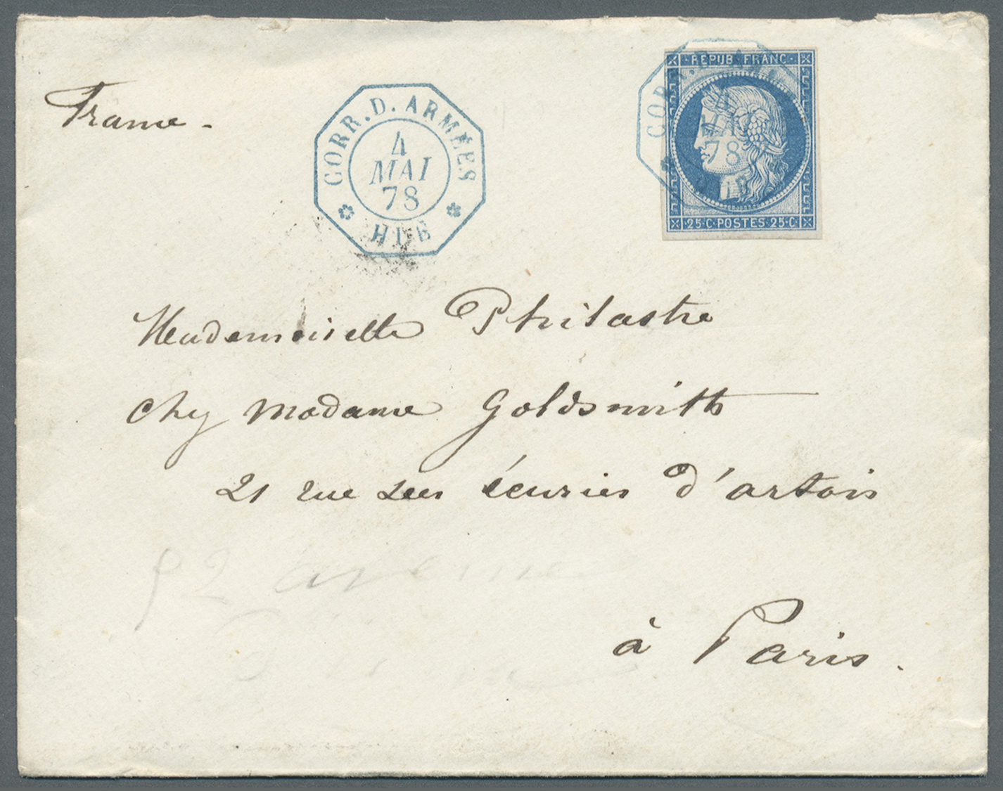 Br Französisch-Indochina: 1878. Military Mail Envelope Addressed To Paris Bearing French General Colonies Yvert 23, 25c - Covers & Documents