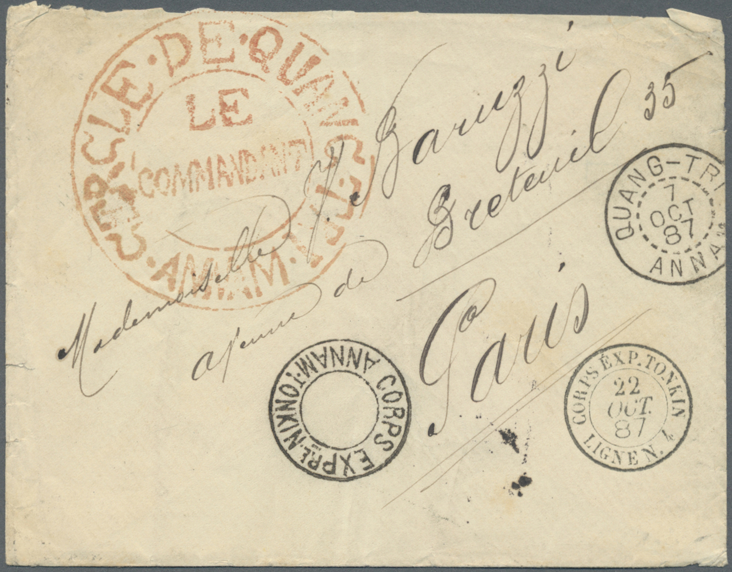 Br Französisch-Indochina: 1887, Fieldpost-envelope With Two Double Cds "QUANG-TRI 7 OCT 87 ANNAM" And "CORPS EXP. TONKIN - Lettres & Documents