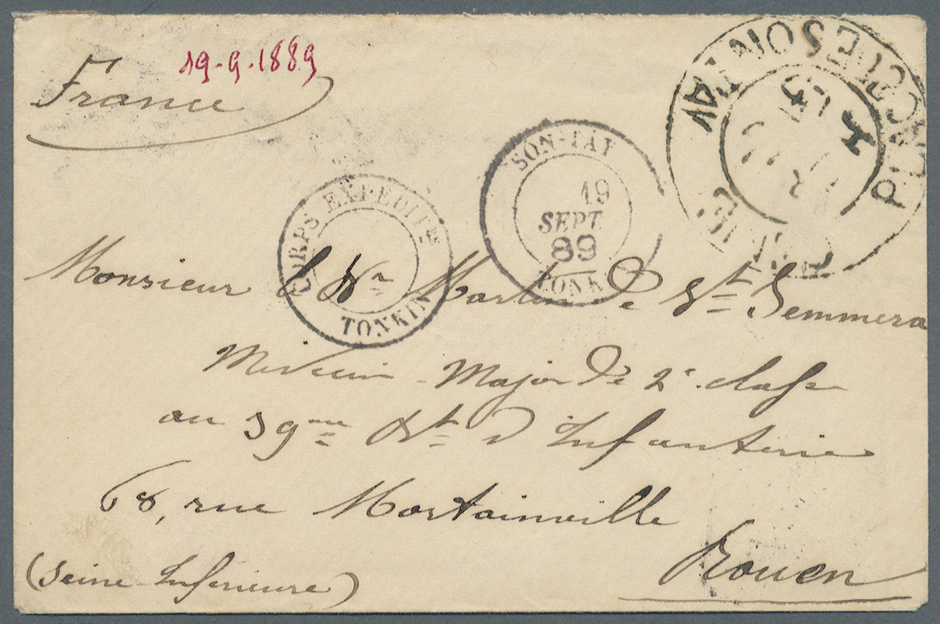 Br Französisch-Indochina: 1889. Stampless Military Mail Envelope Addressed To France Cancelled By Son-Lay/Tonkin Date St - Covers & Documents