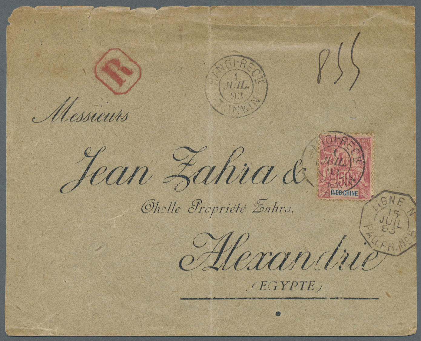 Br Französisch-Indochina: 1893. Registered Envelope (opening Faults And Vertical Crease) To Egypt Bearing Indo-China Yve - Lettres & Documents