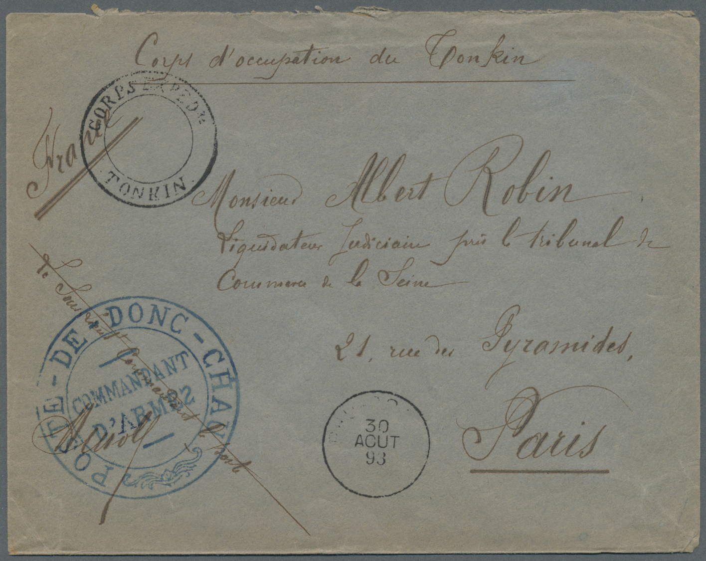 Br Französisch-Indochina: 1893. Stampless Envelope Addressed To Paris Endorsed 'Corps D 'Occupation Du Tonkin' Cancelled - Lettres & Documents