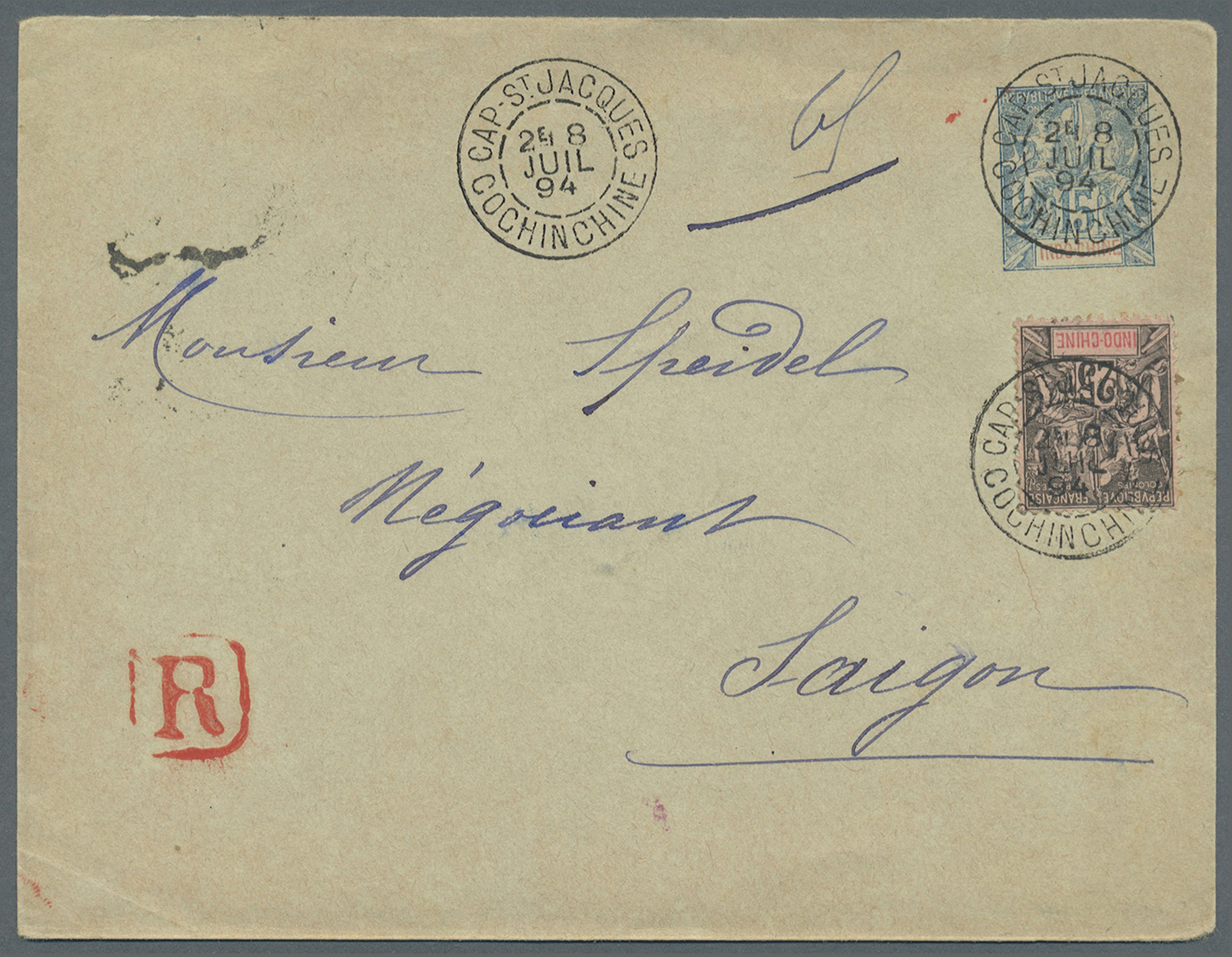 GA Französisch-Indochina: 1894. Registered Postal Stationery Envelope 15c Blue Upgraded With Indo-China Yvert 10, 25c Bl - Covers & Documents