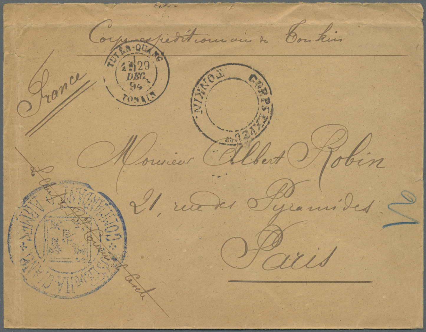 Br Französisch-Indochina: 1894. Stamp-less Envelope (creased, Small Tear At Top) Addressed To Paris Endorsed 'Corps D 'O - Lettres & Documents