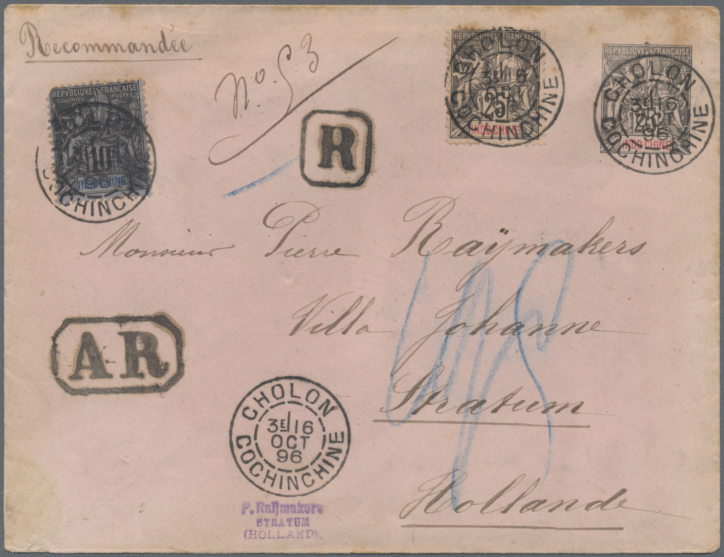 GA Französisch-Indochina: 1896. Registered French Indo-China Postal Stationery Envelope 25c Black/rose Upgraded With SG - Covers & Documents