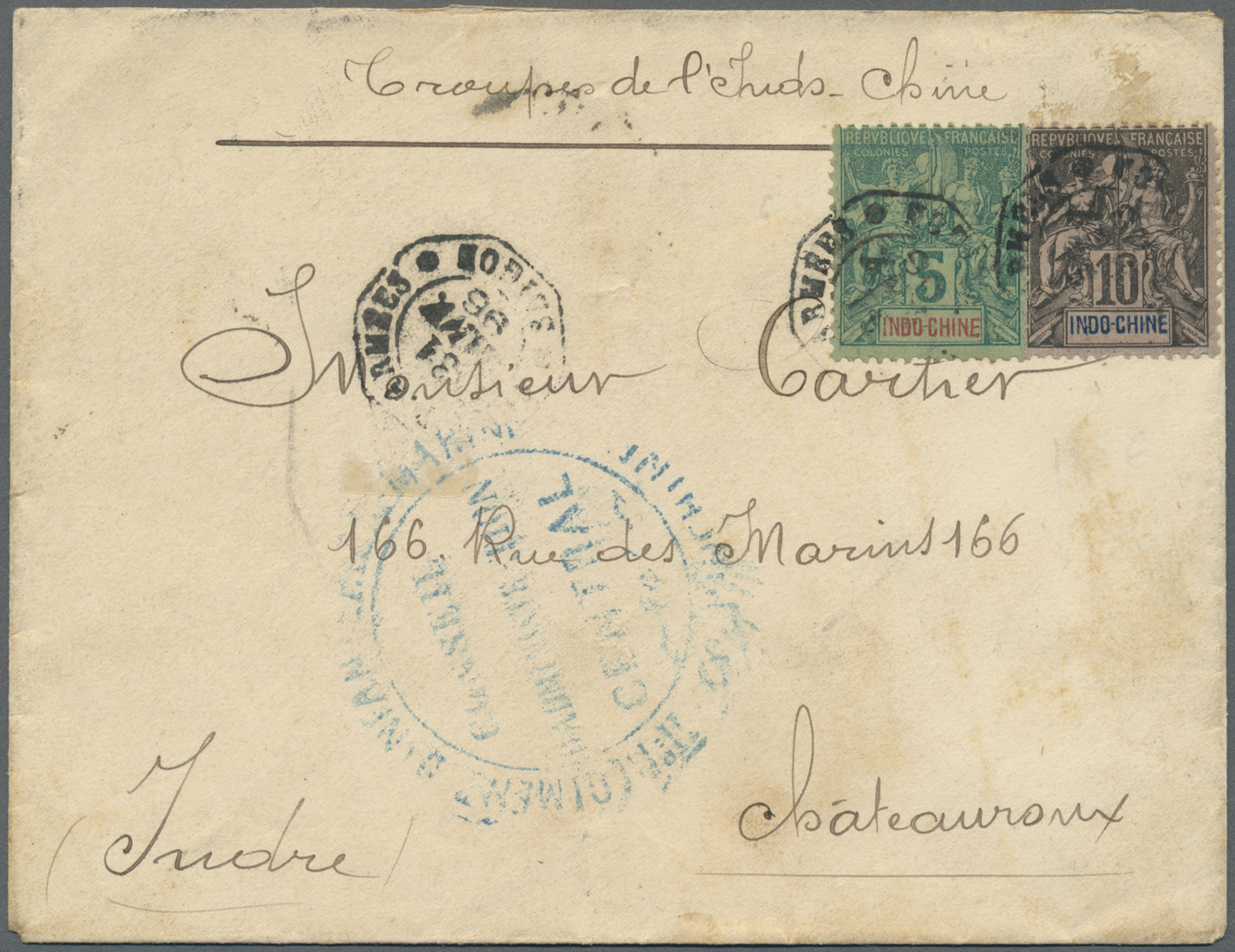 Br Französisch-Indochina: 1896. Envelope (soiled) Endorsed 'Troops De L'lndo-Chine' Addressed To France Bearing French L - Lettres & Documents