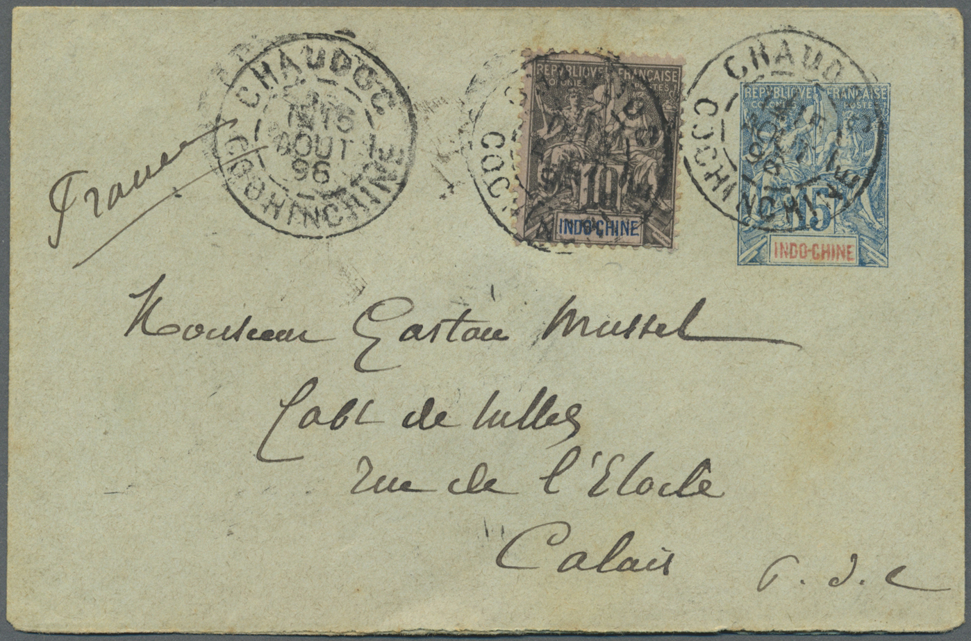 GA Französisch-Indochina: 1896. Sealed Postal Stationery Envelope 15c Blue Upgraded With French Lndo-China SG 10, 10c Bl - Covers & Documents