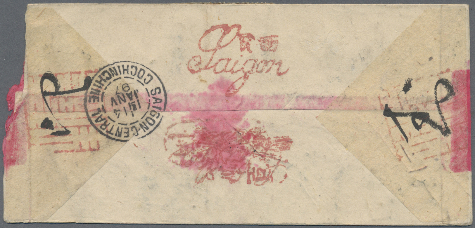 Br Französisch-Indochina: 1897. Red Band Envelope (roughly Opened At Right) Addressed To Saigon Bearing Lndo-China SG 11 - Covers & Documents