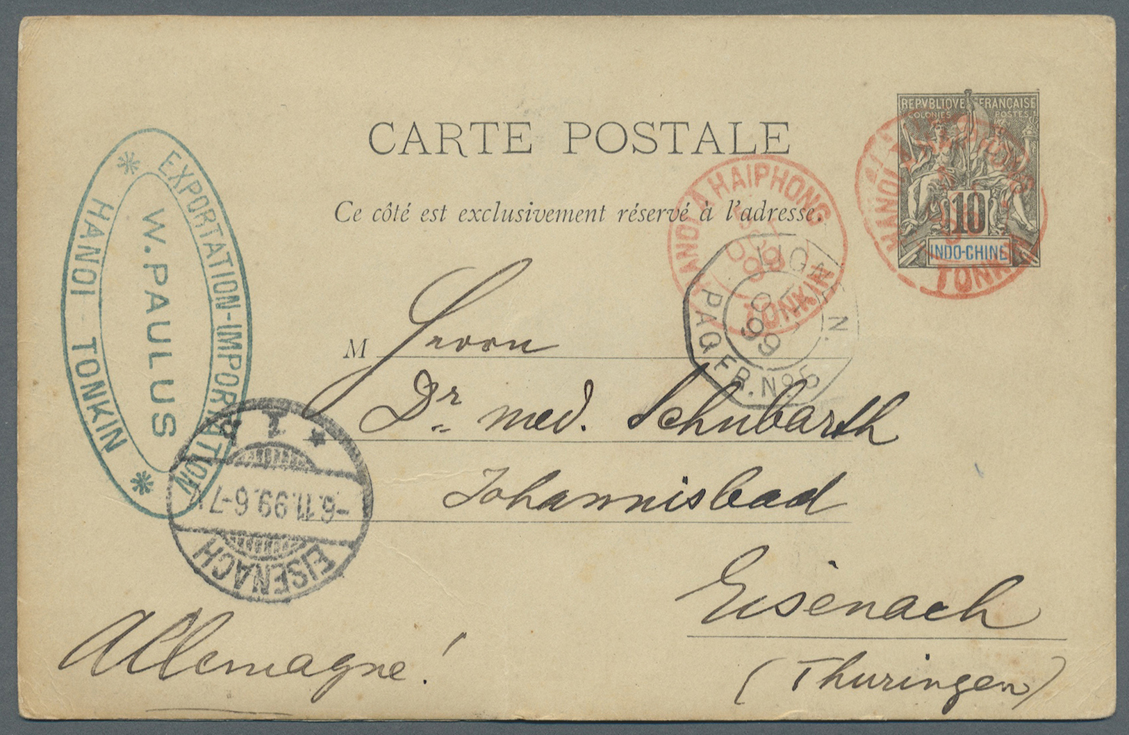 GA Französisch-Indochina: 1899. Postal Stationery Card 10c Black With Photographic View On Reverse Written From Hanoi Da - Covers & Documents