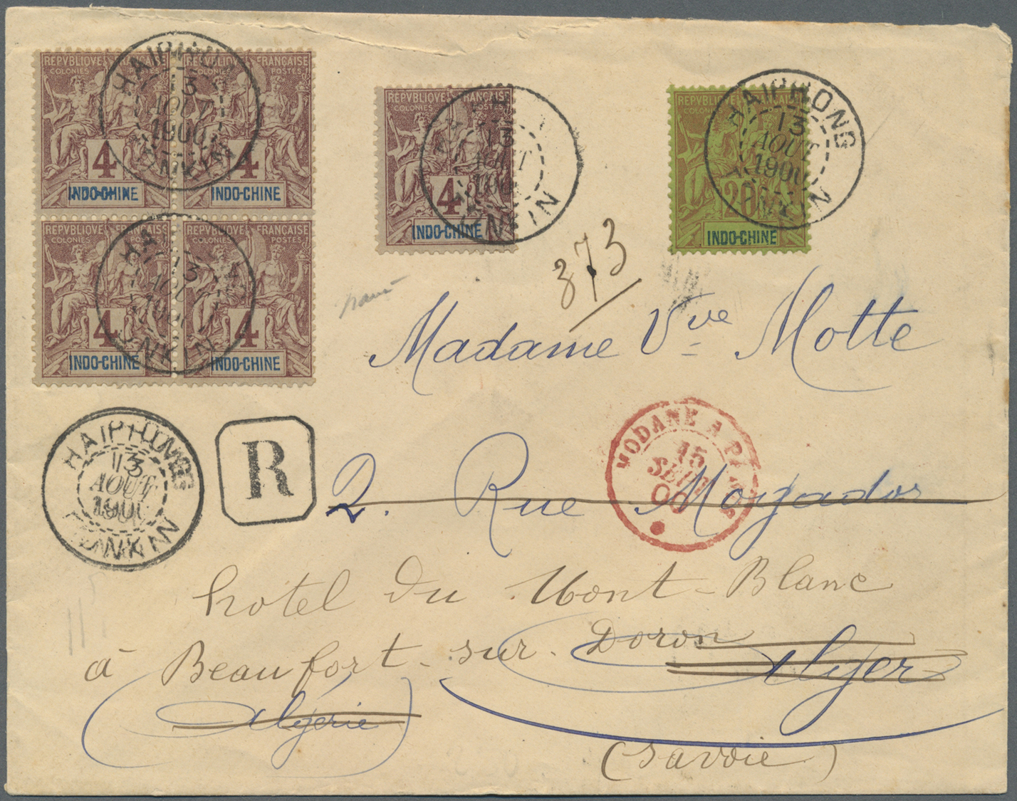 Br Französisch-Indochina: 1900. Registered Envelope Addressed To Algeria Bearing Indo-China SG 8, 4c Purple/brown (5) An - Lettres & Documents