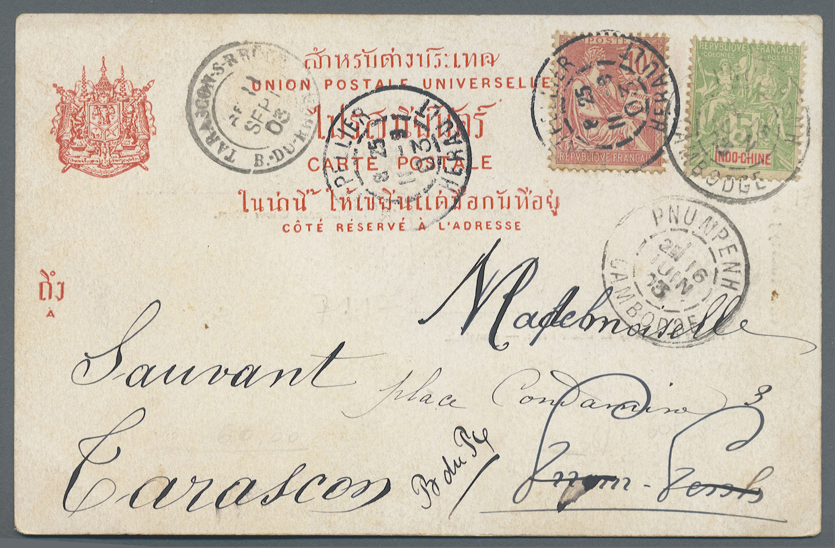 Französisch-Indochina: 1903. Siam Picture Postcard Of 'Dusit And Chow Phya' Addressed To France Bearing Indo-China SG 23 - Lettres & Documents